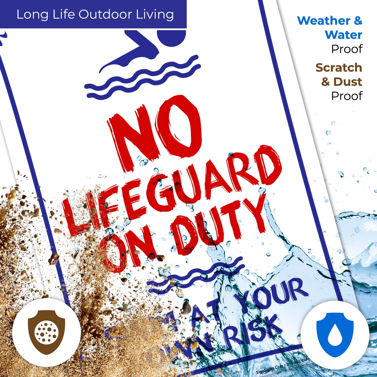 SIGO SIGNS Schild 'No Lifeguard On Duty' – Aluminium, 10 X 14 Cm, UV-Druck, Wetterfest | Einfache Montage, Hergestellt In USA