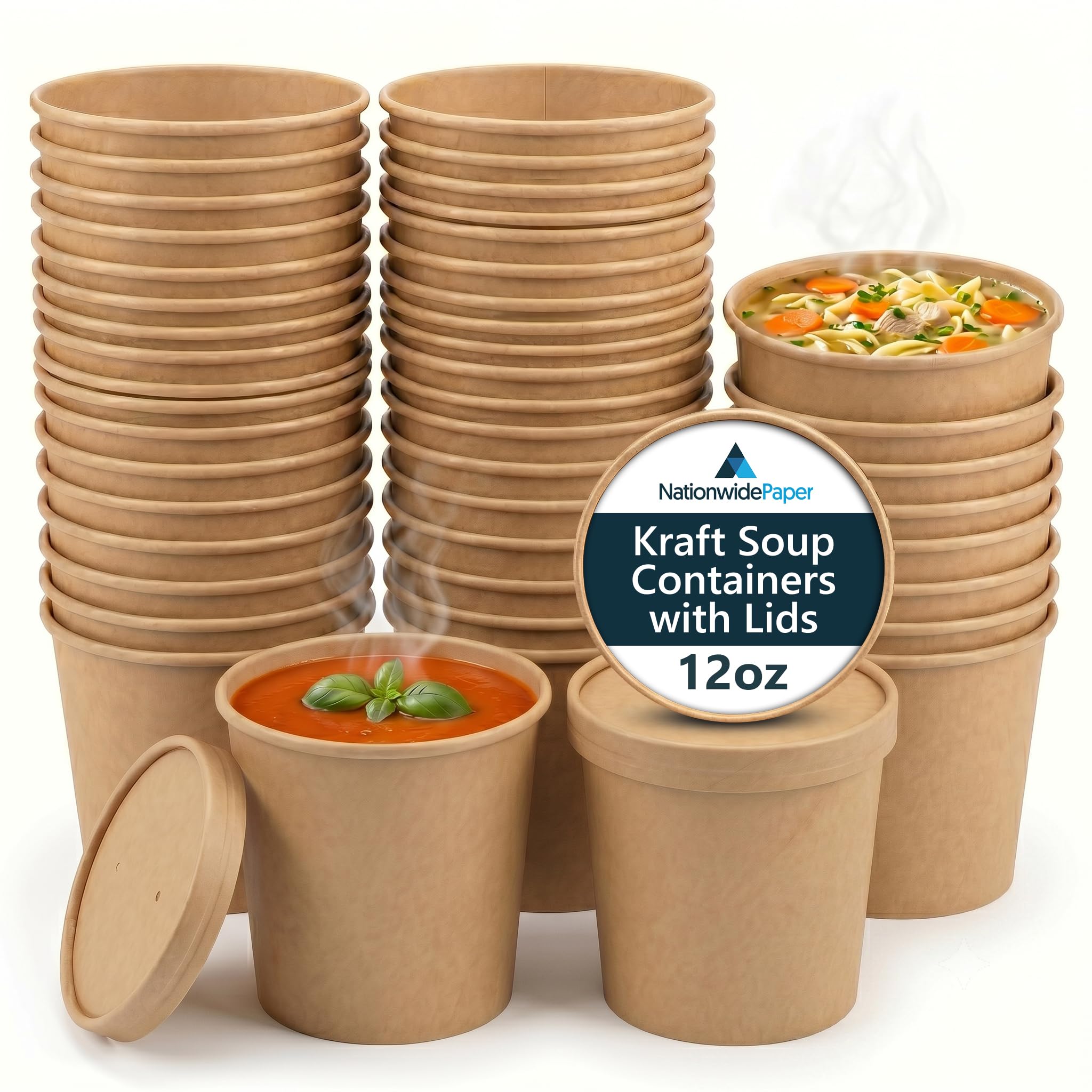 Nationwide Paper 12oz Brown Kraft Disposable Soup Containers with Lids 50 Pcs of Paper Soup Bowls Takeaway Tubs Perfect for Ice Cream and Deli Containers (340ml) — image 1