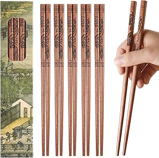 5 Pairs Chopsticks Reusable, Wooden Dragon Chopstick with Dishwasher Safe, Natural Wooden Chopsticks