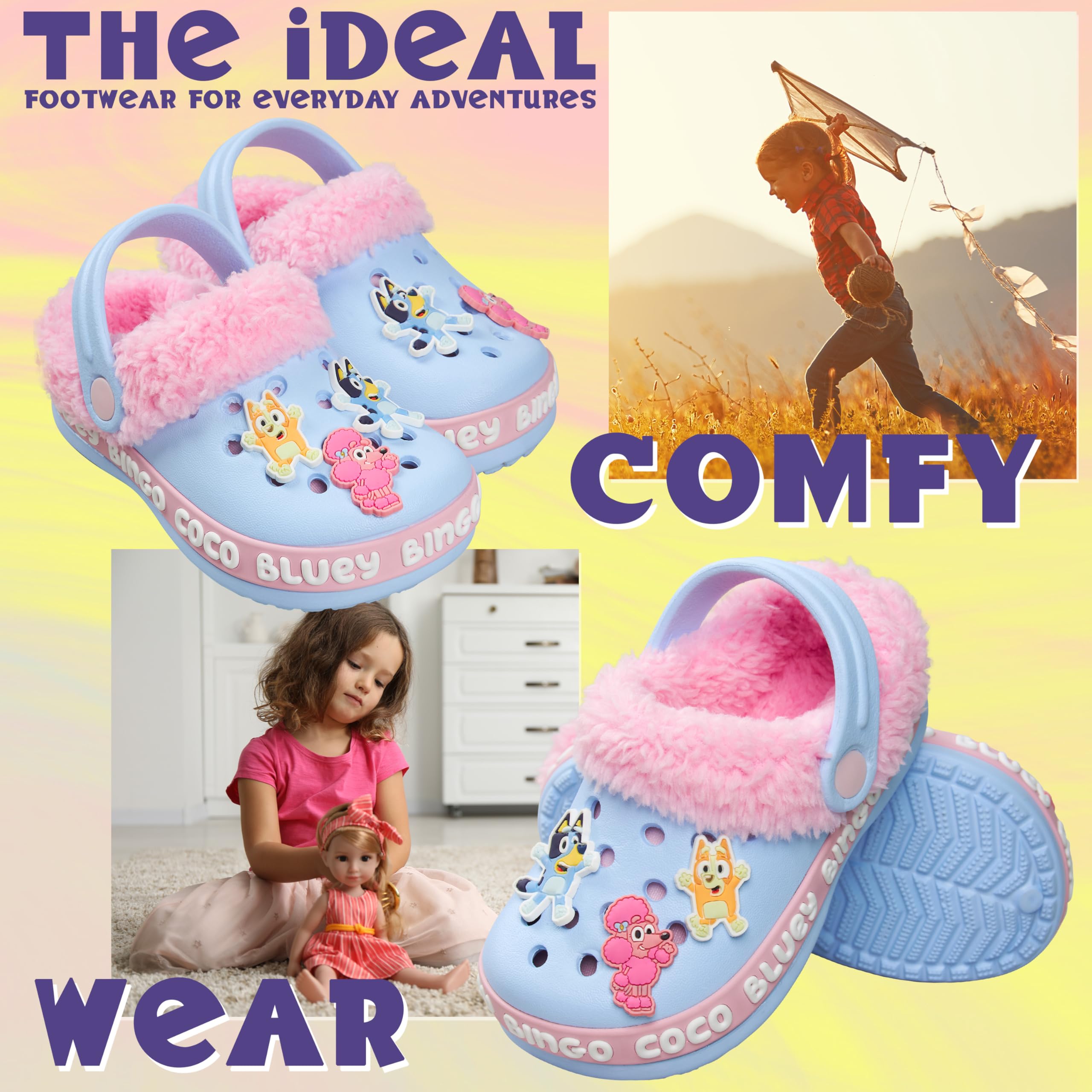 BlueY Sabot Enfant Fille Bingo Chaussons Enfant Hiver Doublure Polaire et Accent Décoratifs, Kawaii Jardin Chaussures à Enfiler