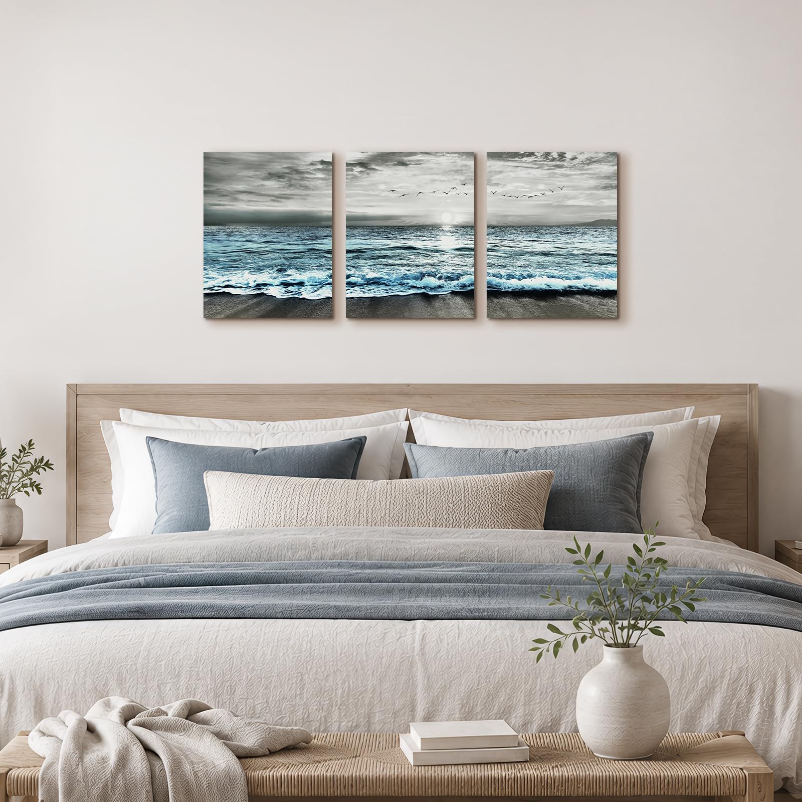 MHARTK66 Quadri Moderni Uccelli Della Spiaggia All'alba, Quadro Su Tela Grigio Blu Mare Oceano Quadro Moderno Soggiorno Camera da Letto Sala Da Pranzo Bagno Cucina e Ufficio