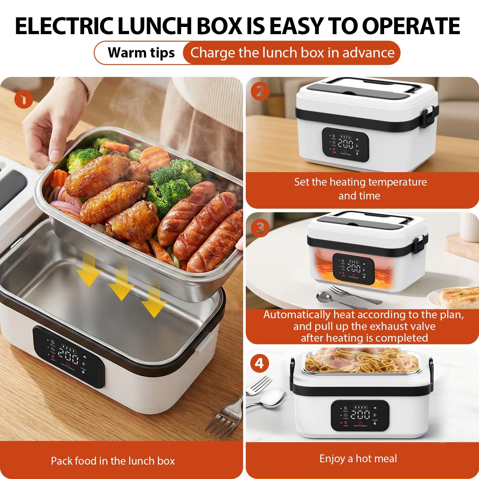 Fiambrera Electrica Calentador de Comida Portatil 1L Tupper Electrico con Batería, Recargable USB-C, Temporizador, Táper Eléctrico Acero Inoxidable con Bolsa Térmica y Cubiertos para Coche y Trabajo
