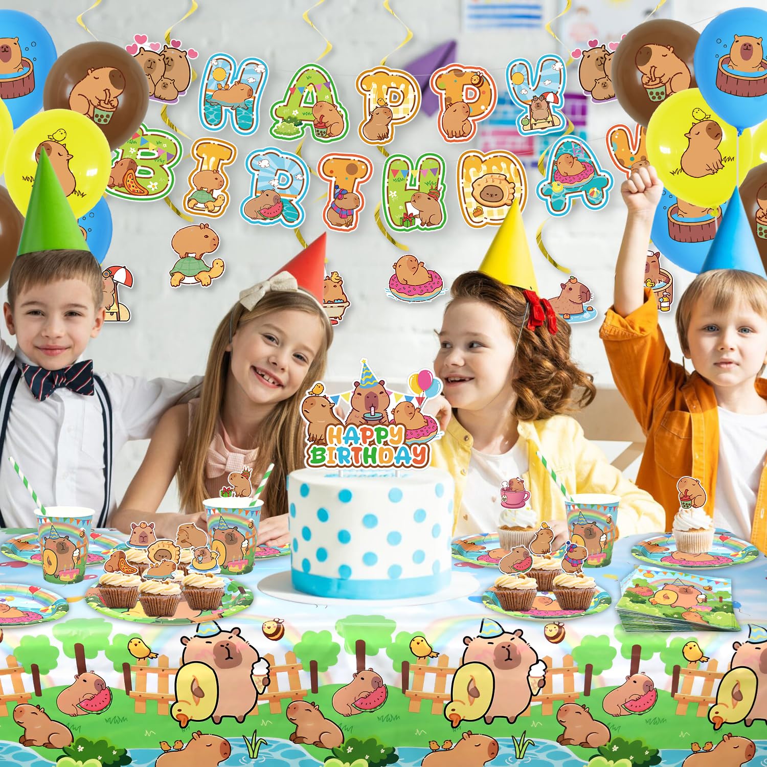 Capybara, decorazioni per feste di compleanno, accessori per feste di Capybara, tra cui striscioni, piatti, topper per torte, tazza, tovagliolo, palloncino, tovaglia per decorazioni per feste