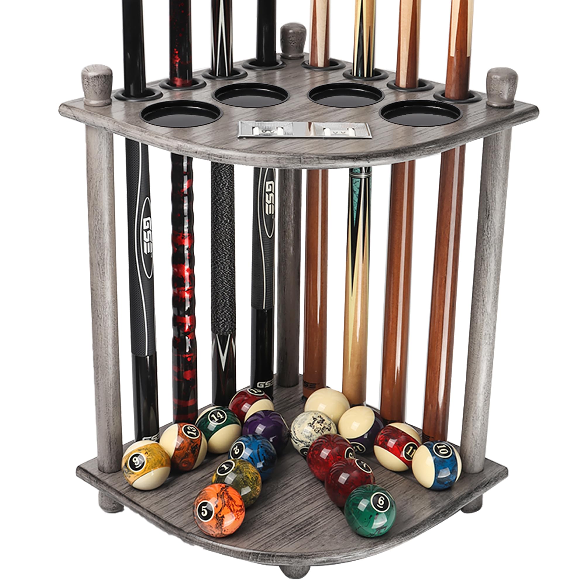GSE Games & Sports Expert Corner-Style Floor Stand Billiard Pool Cue Racks with Score Counters, Holds Pool Cue Sticks, Balls Set, Ball Racks