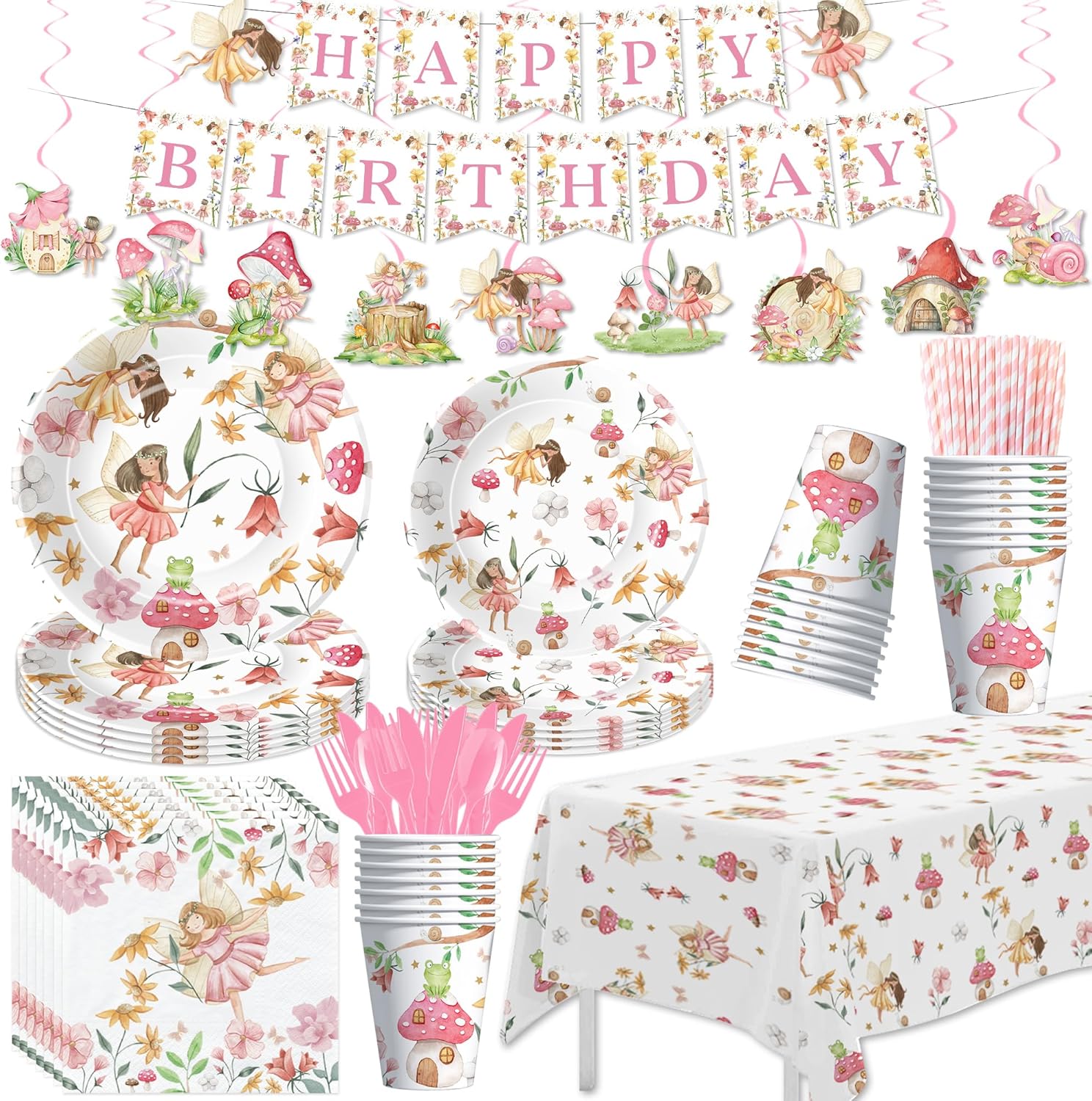 Fairy Birthday Decorations, Magical Enchanted Garden Fairy Party Decorations Supplies for Birthday Baby Shower, Paper Plate, Napkin, Cup, Banner, Tablecloth, Swirls, Cutlery, Serves 24