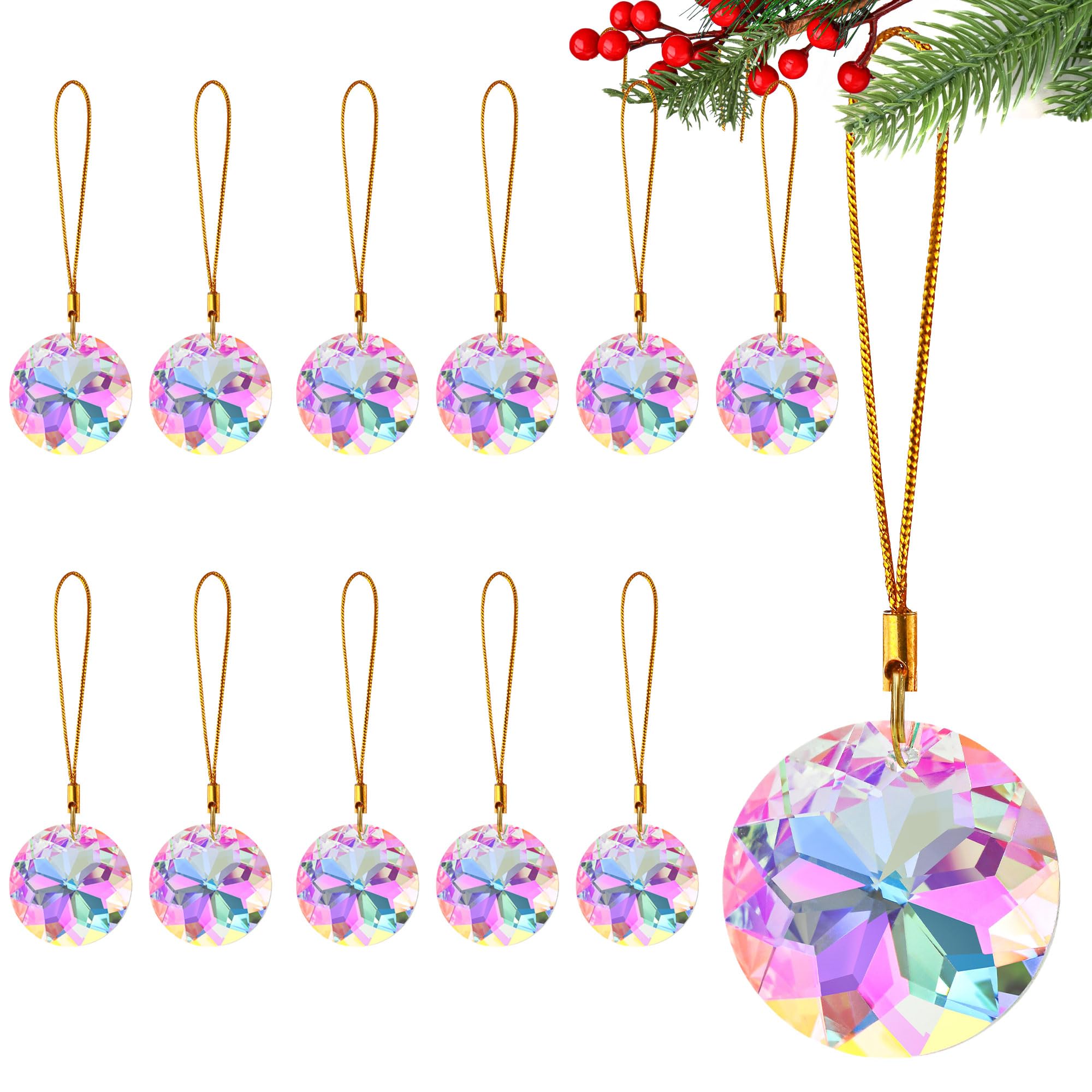 HDCRYSTALGIFTS 18PCS Crystal Glass Christmas Ornaments 1.2″ Crystal Prisms Flower Xmas Tree Decorations,Hanging Ornaments for Christmas Tree Winter New Year Party Home Decor