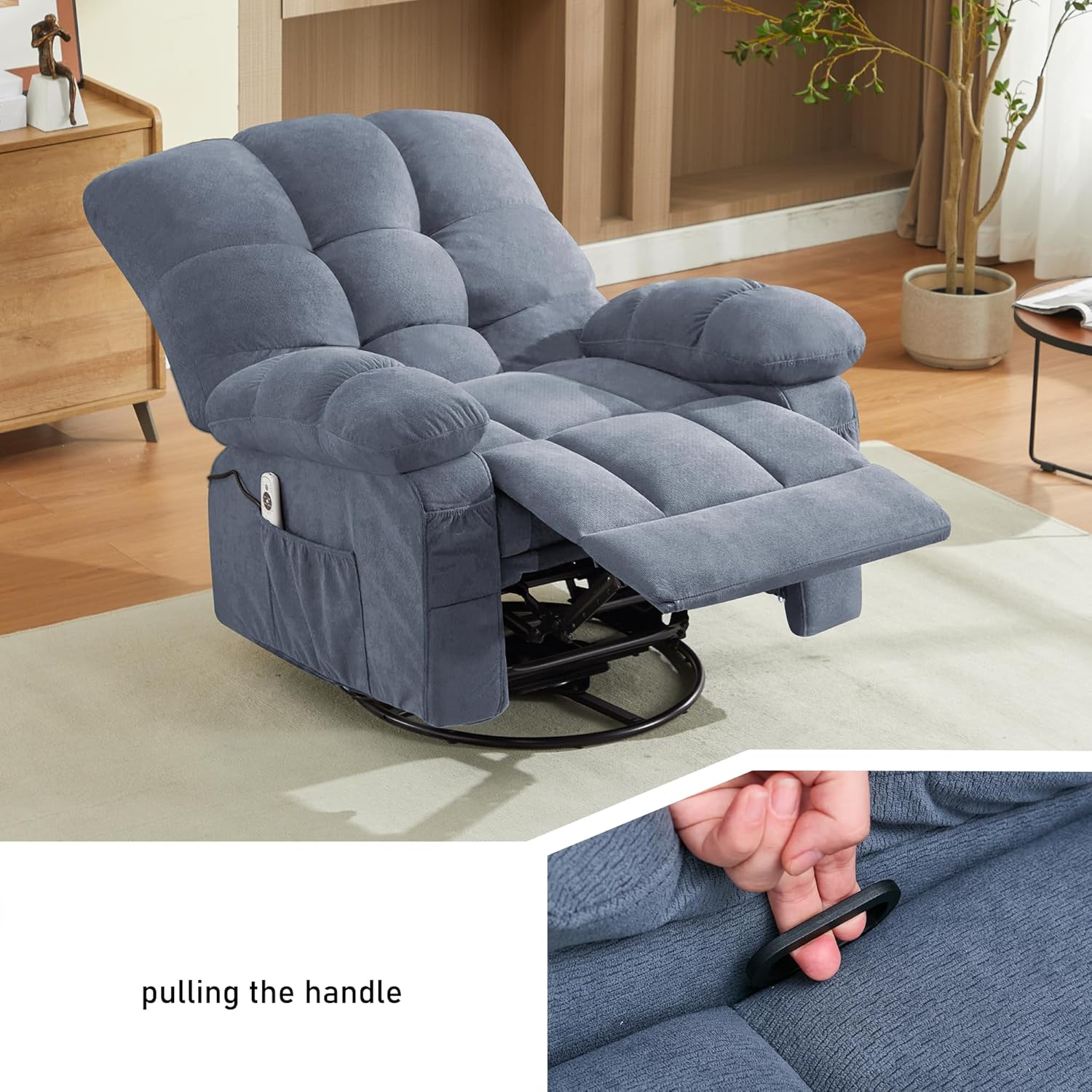 Swivel Recliner Chair for Adults,Oversized Rocker Recliner with Vibration Massage and Lumbar Heat,Ergonomic Rocking Chair with Side Pocket,USB Charge Port for Living Room