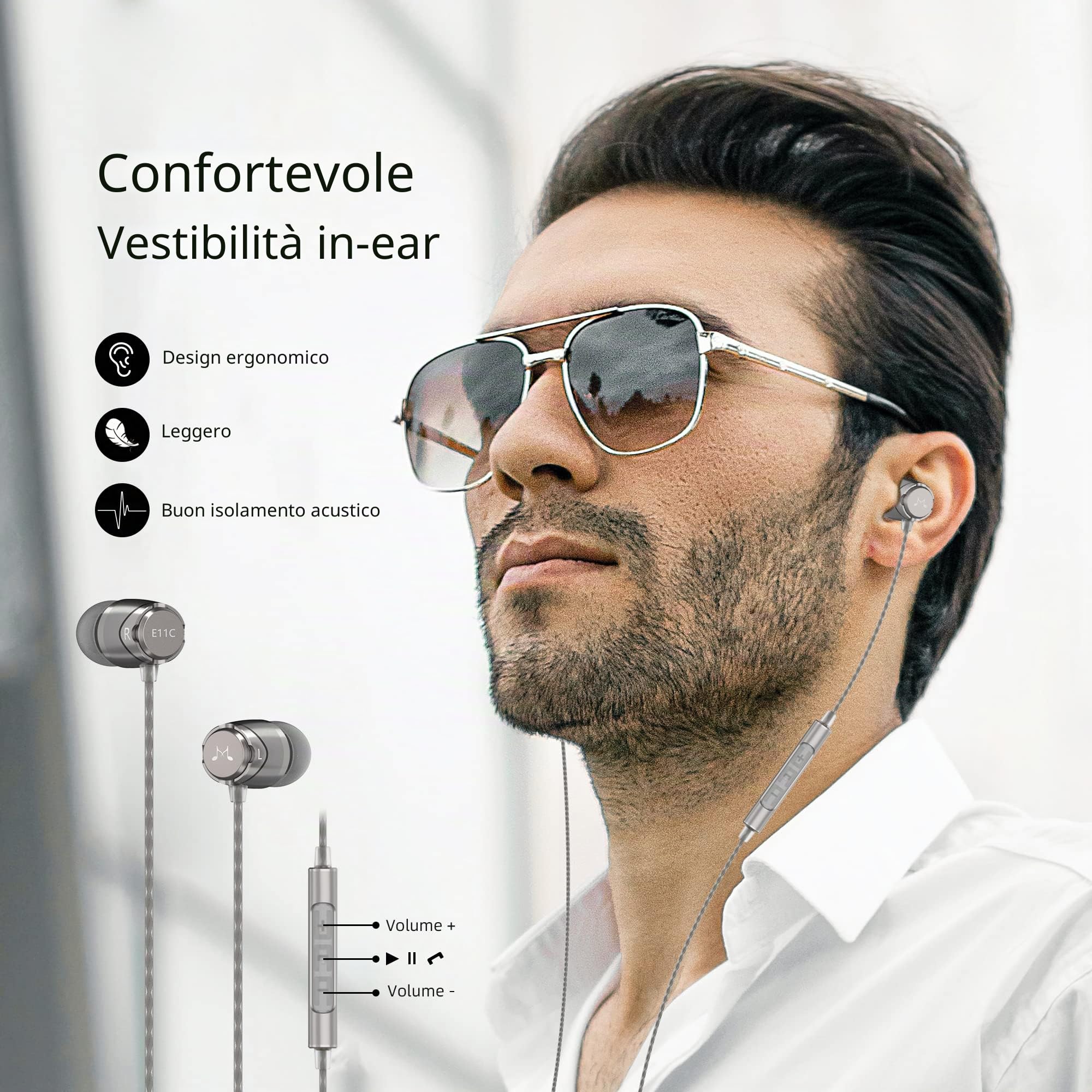 SoundMAGIC E11C Auricolari Cablati 3,5mm, Micro, HiFi, Argento Scuro | Chiamate nitide, suono equilibrato, bassi ricchi, corpo alluminio, cavo resistente, vestibilità confort