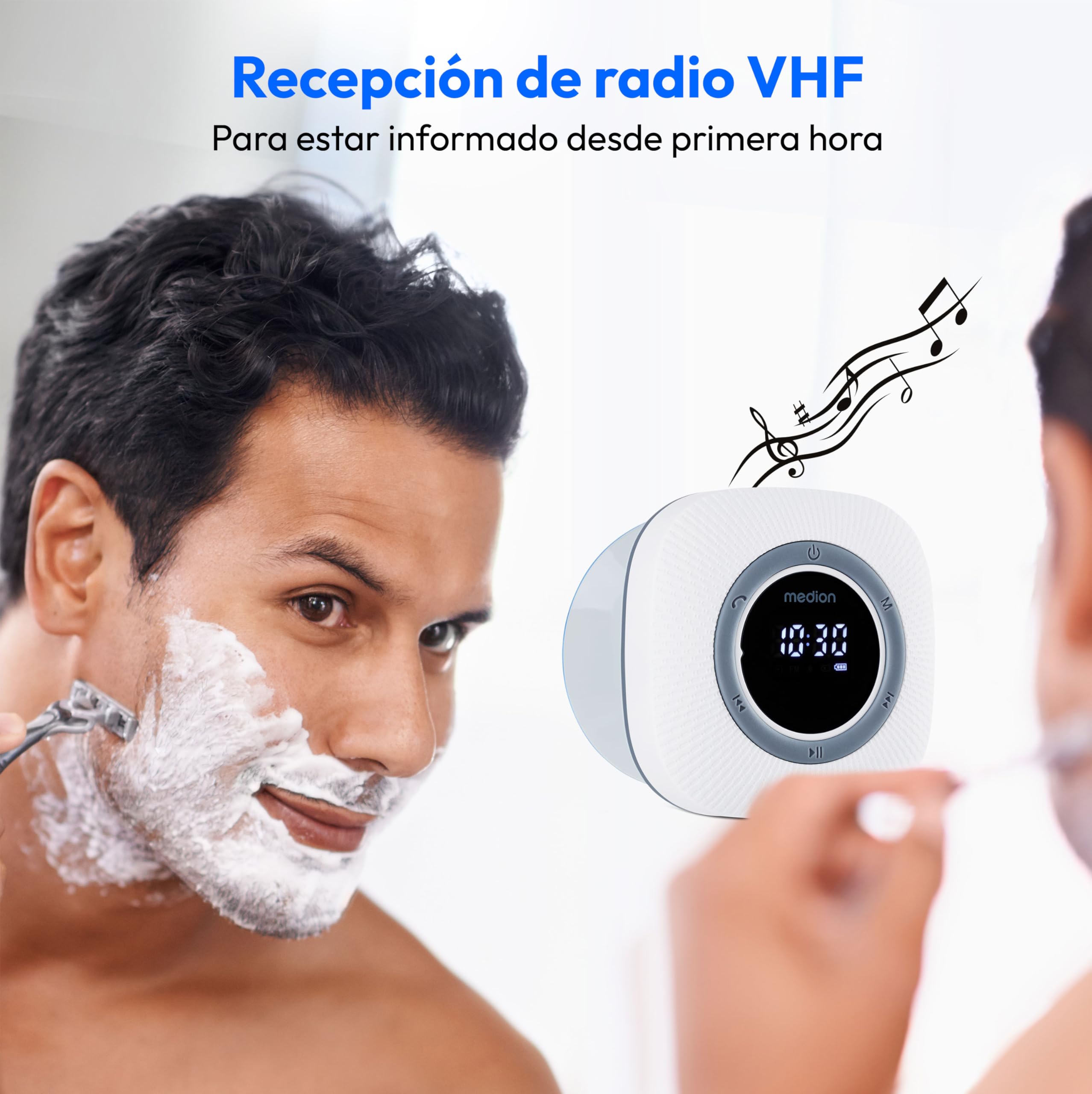 MEDION P66096 Radio de Ducha con Bluetooth (Radio de baño, Radio FM, Ventosa, Pantalla LED, Impermeable IPX6, batería Recargable integrada, MD43884) Blanco