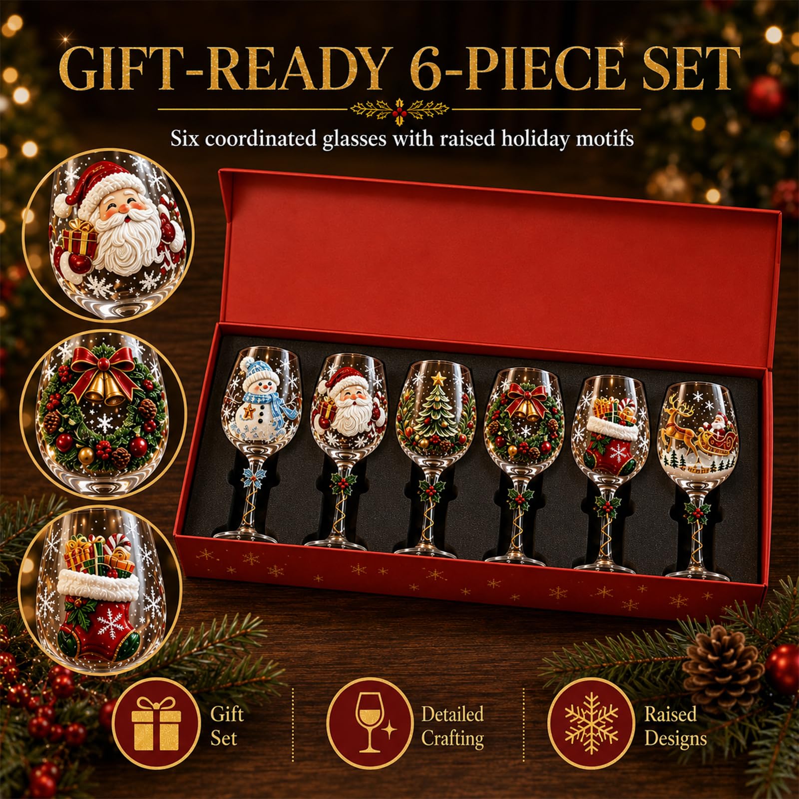 Lot de 6 verres à vin de Noël 3D, verres festifs avec motifs en relief