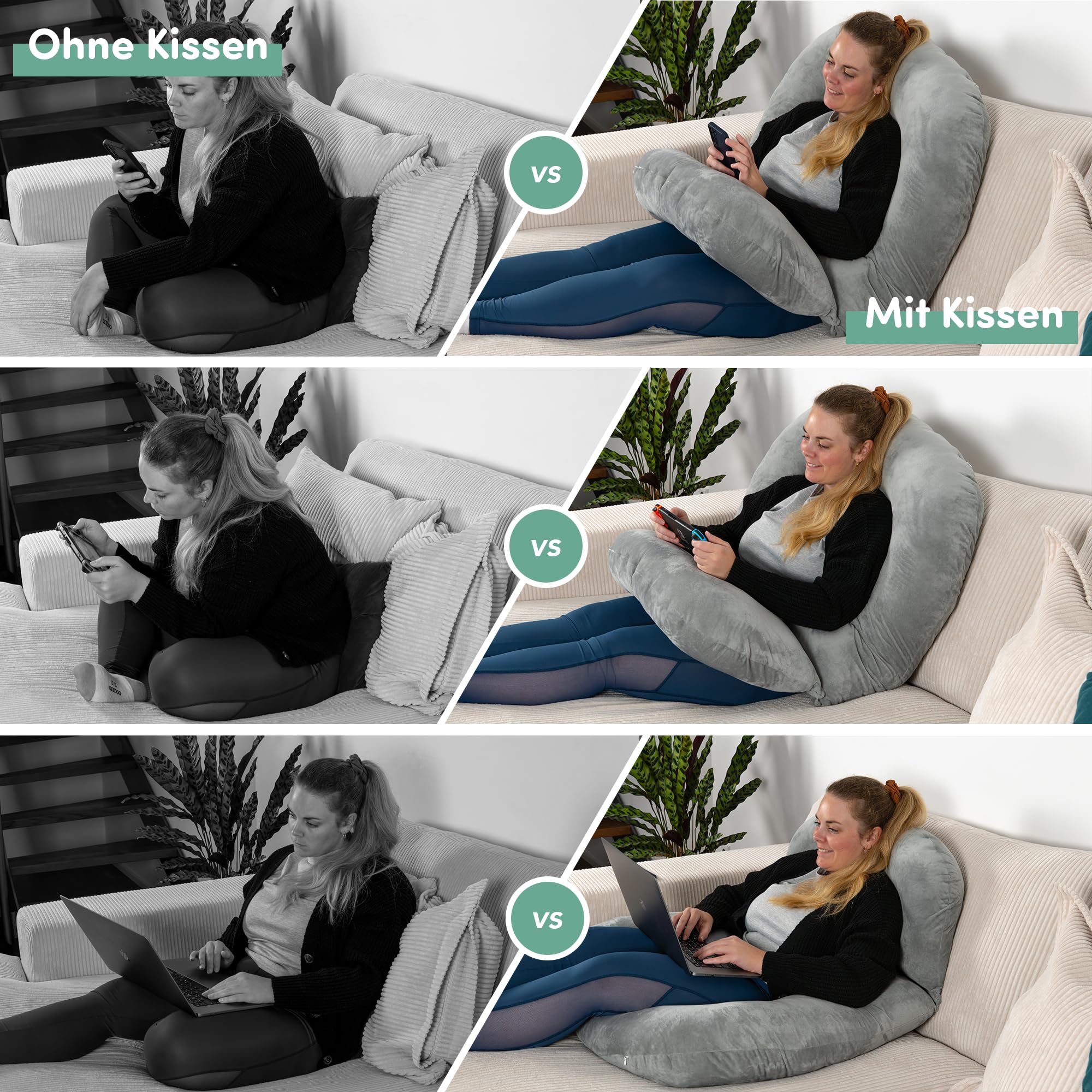 Lesekissen für Bett und Sofa - Rückenkissen - Komfortkissen Erwachsene - Reading Pillow - Zweiteilig, Flexibel einsetzbar zum Lesen, Entspannen oder als Schlafkissen (Grau)