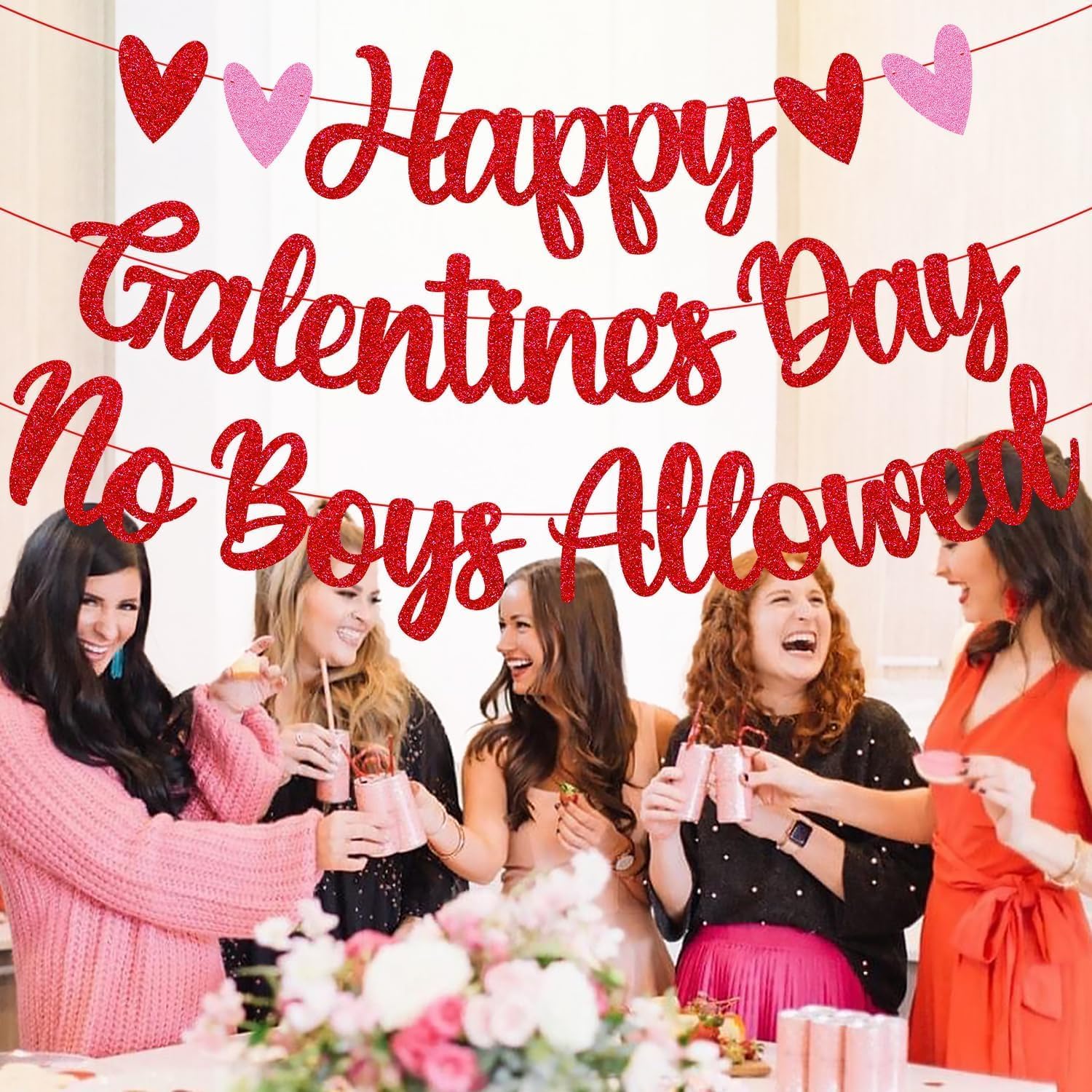 Happy Galentines Day No Boys Allowed Banner Galentine's Day Decoration Happy Valentine's Day Romantic Gal Pals Party Backdrop for Girls Women Red Glitter Decor