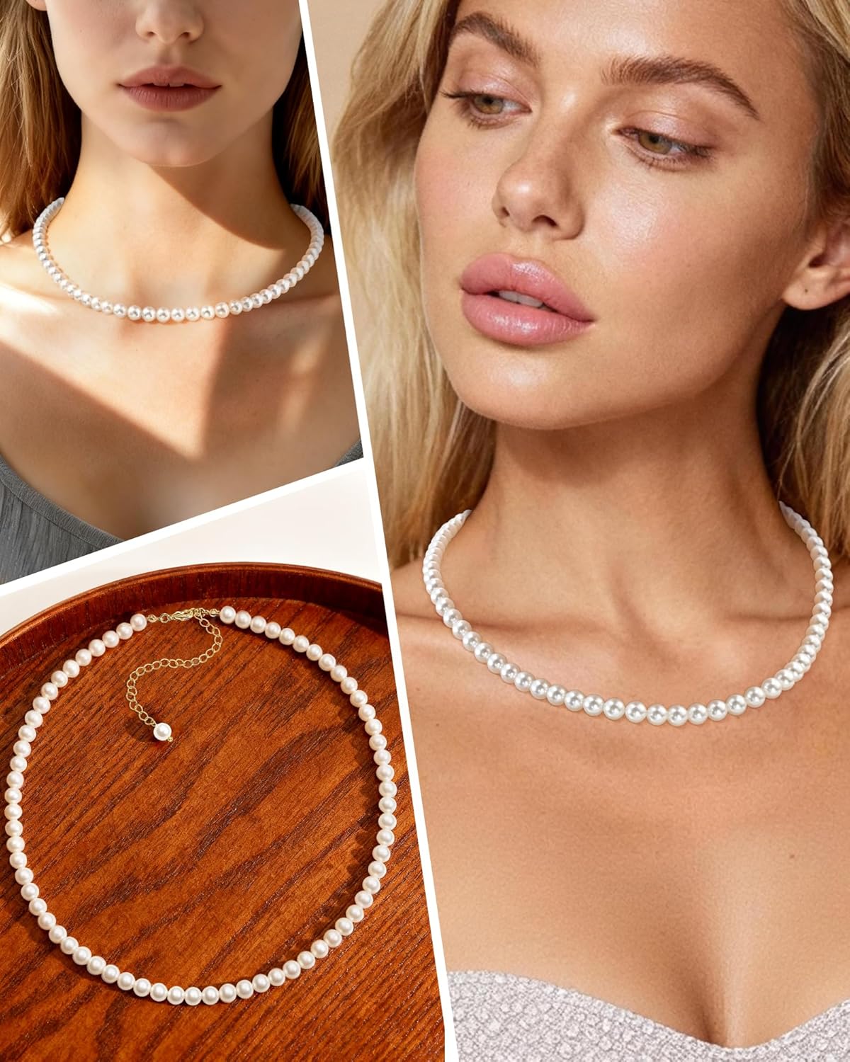 18K Gold Plated Pearl Necklaces for Women, Dainty 6MM Pearl Choker Necklace Adjustable Chain Wedding Prom Bridesmaid Elegant Jewelry Gifts 16.5"+3" - Image 5