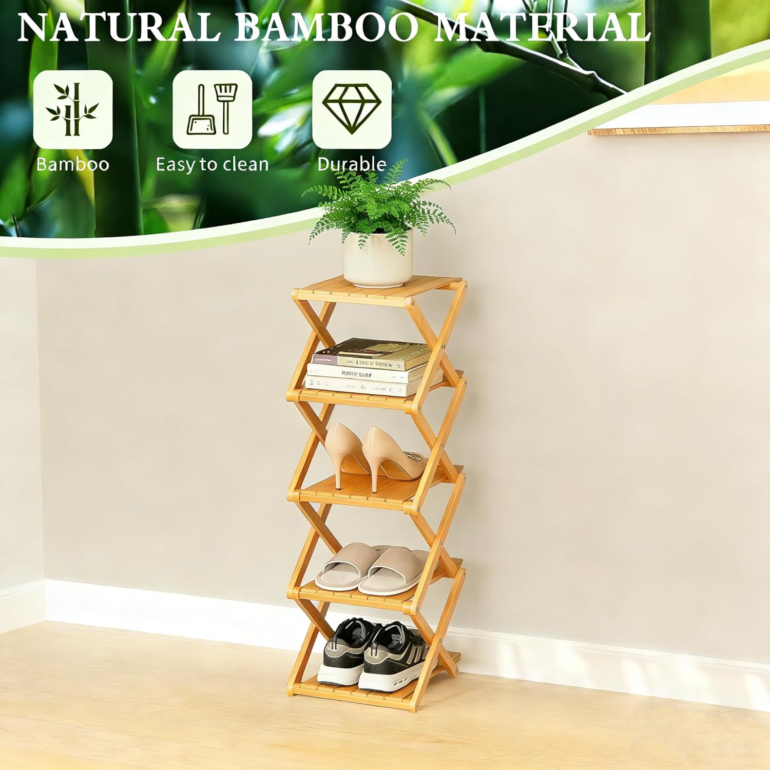 Bamboo Shoe Rack - No Assembly Required, Tall Narrow Foldable Shoe Organizer, Space-Saving Multifunctional Shelf for Entryways, Corners, Bedrooms, Balconies, 5 Layer(Reinforced and Thickened)