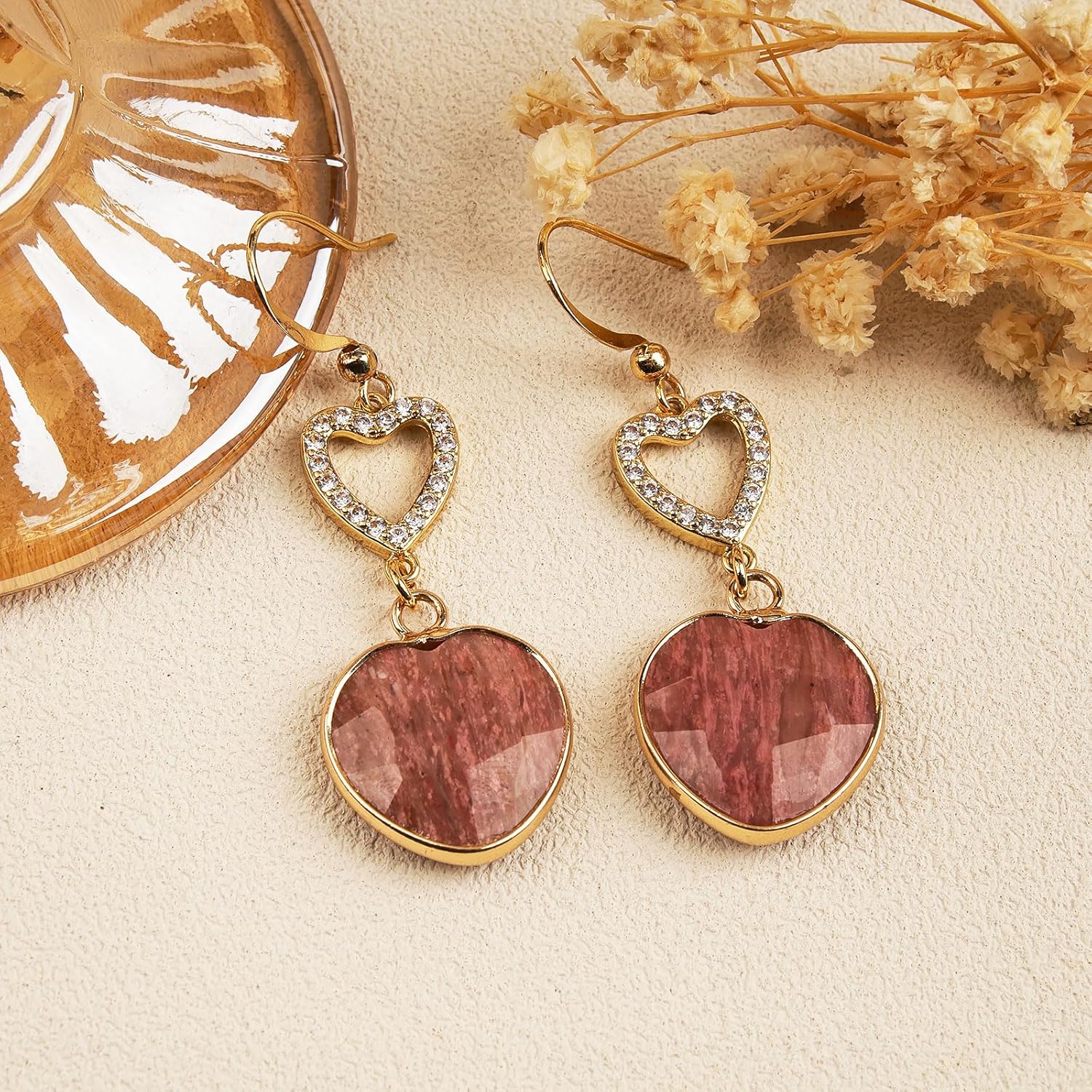 Heart Rhodochrosite Dangle Earrings for Women Trendy - Natural Stone Earrings, Sparkling Cubic Zirconia Heart Design, Homemade Dainty and Minimalist Drop Earring for Women Gifts - Image 6