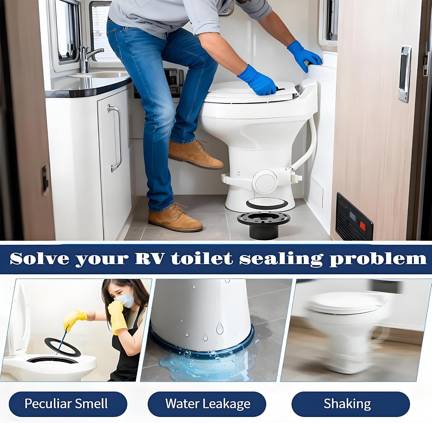 RV Toilet Seal and 3'' Floor Flange Kit for RV 300 310 320 Series Toilets, RV Toilet Flange Seal Kit Replaces 385345892 Flange 385311658 Flush Ball Seal and 385311652 Base Seal Gasket, 3 in 1
