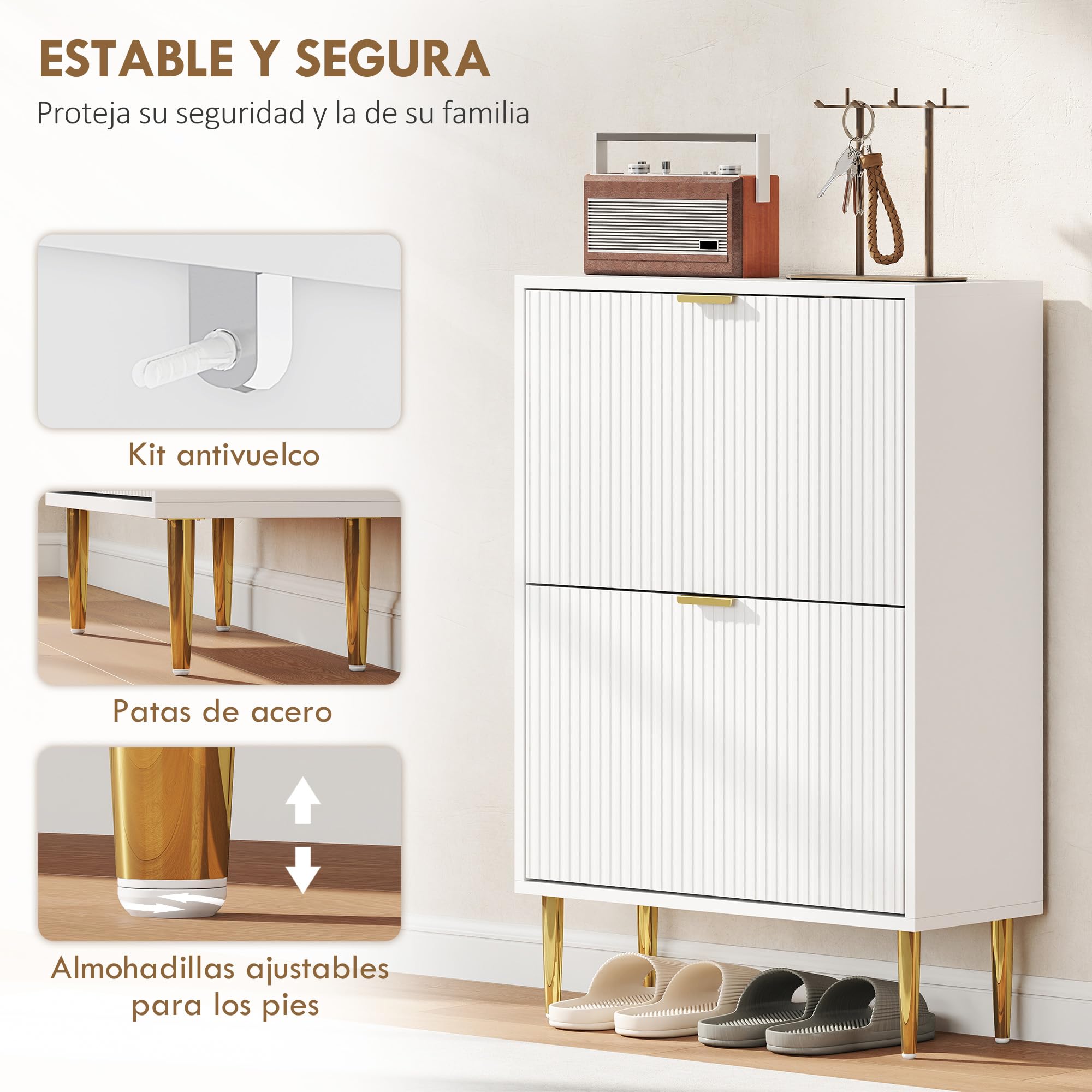 HOMCOM Zapatero Estrecho con 2 Puertas Acanaladas Zapatero Entrada Recibidor con Estantes Ajustables para 12 Pares de Zapatos 60x24x91,5 cm Blanco