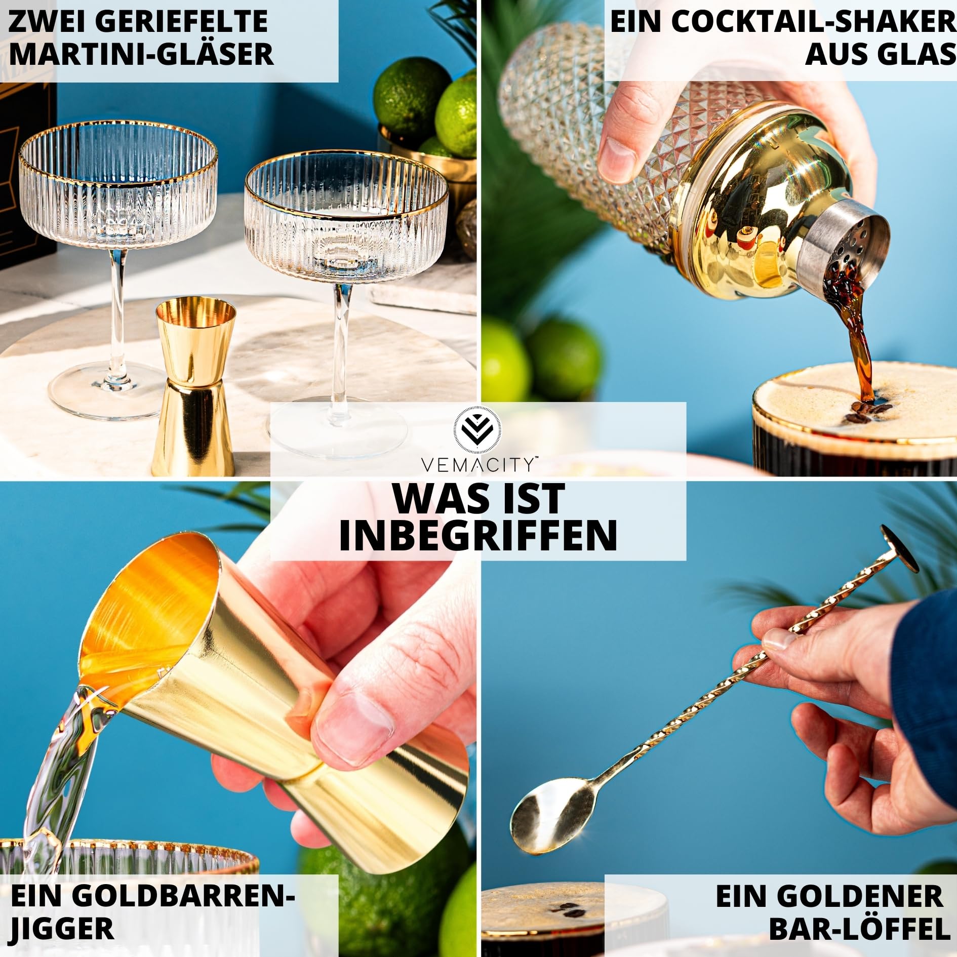 Vemacity Cocktail Set– Glas Cocktail Shaker (500ml) + 2 Espresso Martini Gläser mit Goldrand, Bar Spoon & Jigger | Barkeeper-Set | Cocktailgläser + Cocktailshaker | Ideal zum Verschenken