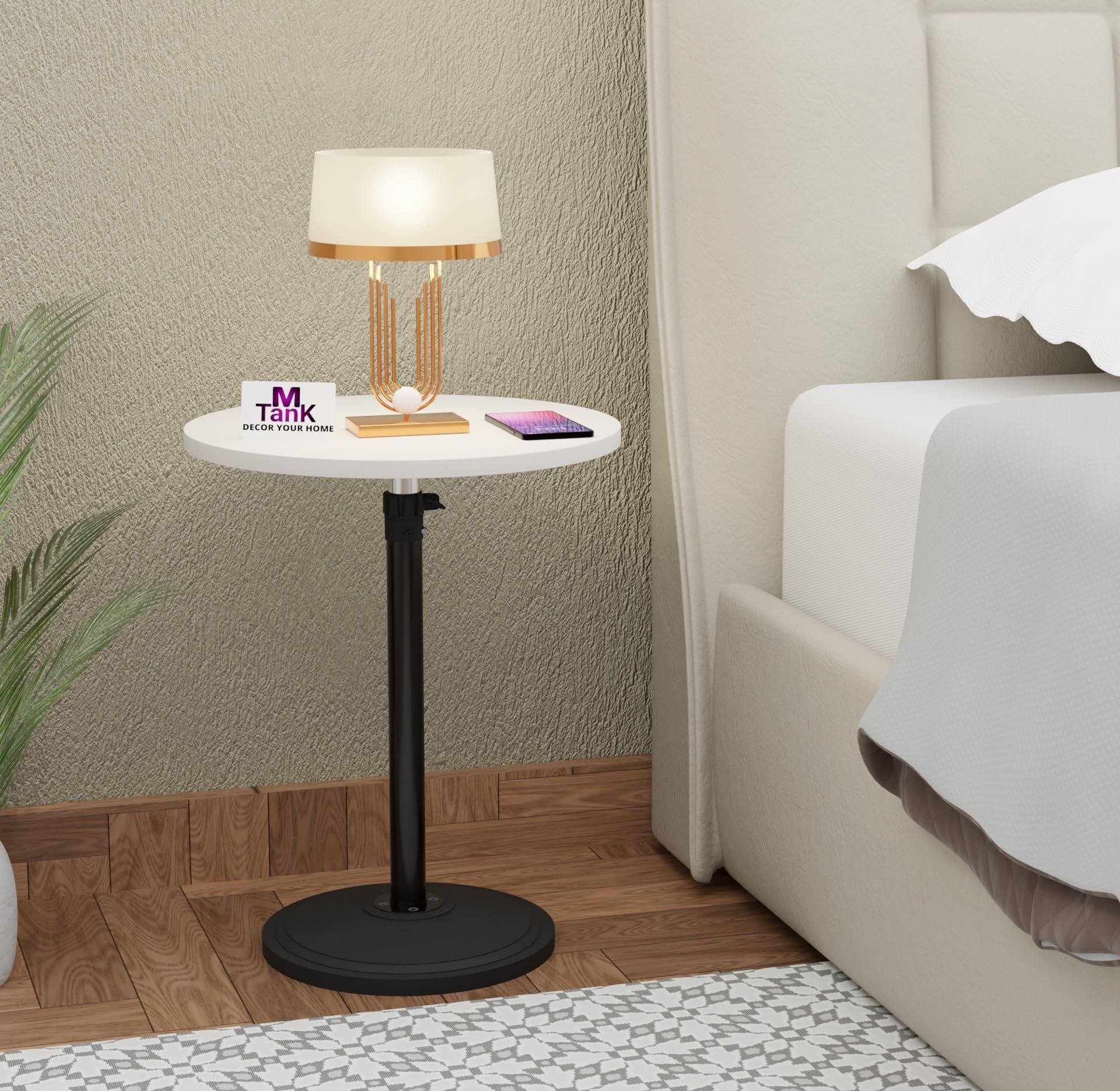 MTANK Adjustable Nightstand with Round Top | Modern C-Shaped Bedside Table for Bedroom | Height Adjustable Wooden Side Table for Bed & Sofa | Multipurpose End Table |(White & Black)|-picture-11