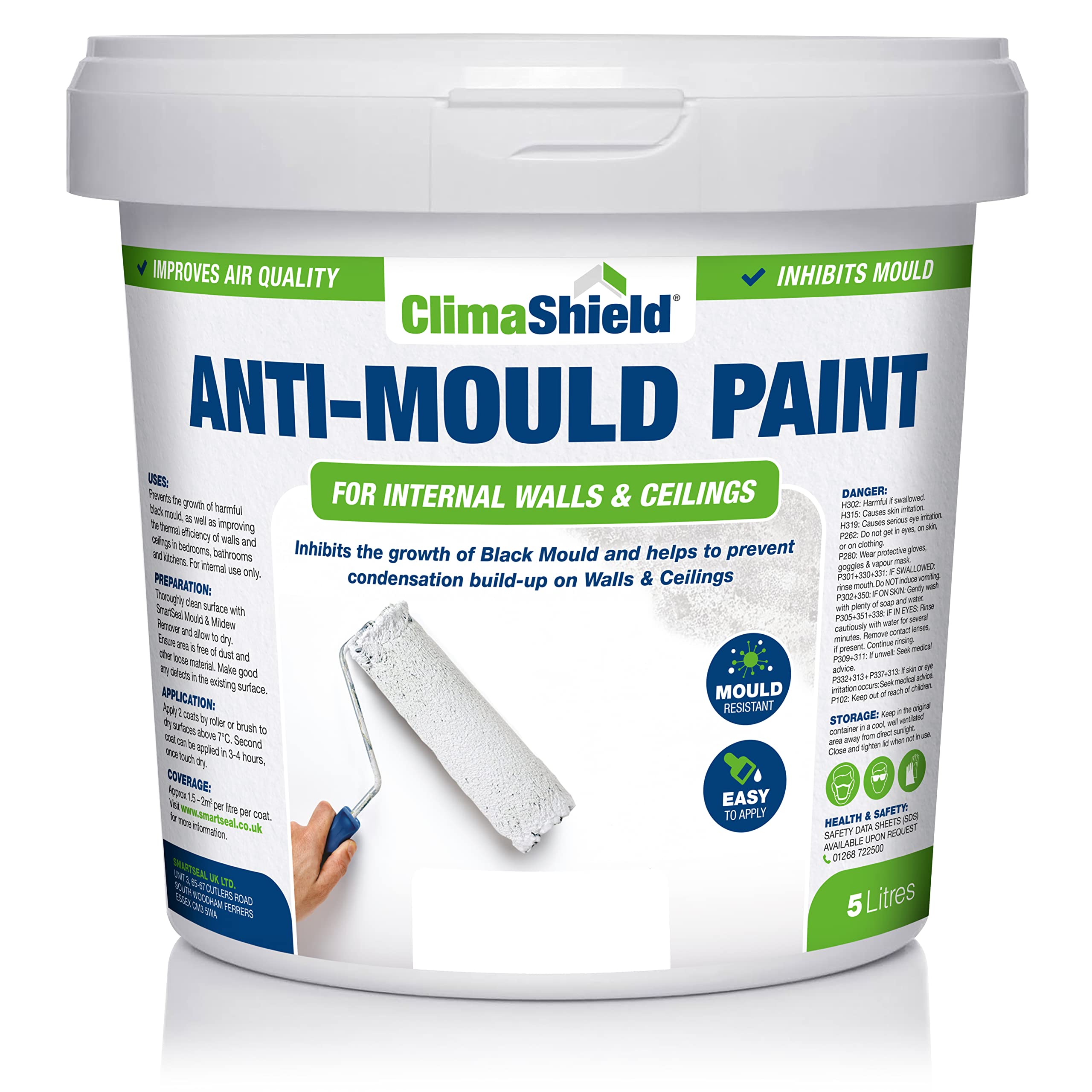 Climashield White Anti Mould Paint - 5L - Anti-Mould Paint For Bathrooms, Kitchens & Bedrooms. Effective Damp Seal For Walls & Ceilings To Prevent The Growth Of Mold & Mildew