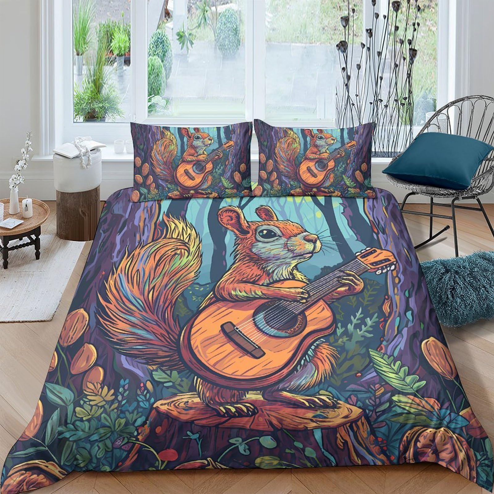 Ctjqhvkz Style-6 3D Printed Forest Squirrel Fitted Sheet Microfiber Artistic Woodland Guitar Bed Cover For Bedroom Guest Room Decor Single（135X200cm）