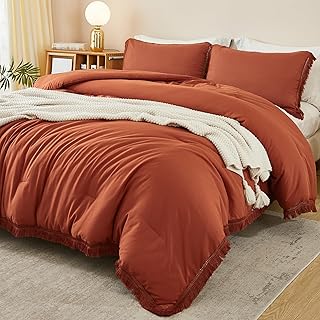 Litanika Terracotta King Size Comforter Set, Boho Tassel Burnt Orange Comforter Aesthetic 3 Pieces, Rust Lightweight Fringe Bedding Set for All Season(1 Comforter 104x90 inch, 2 Pillowcases)