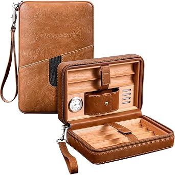 Leather Cedar Wood case, Travel Box with Hygrometer, Capacity 6pcsBrown