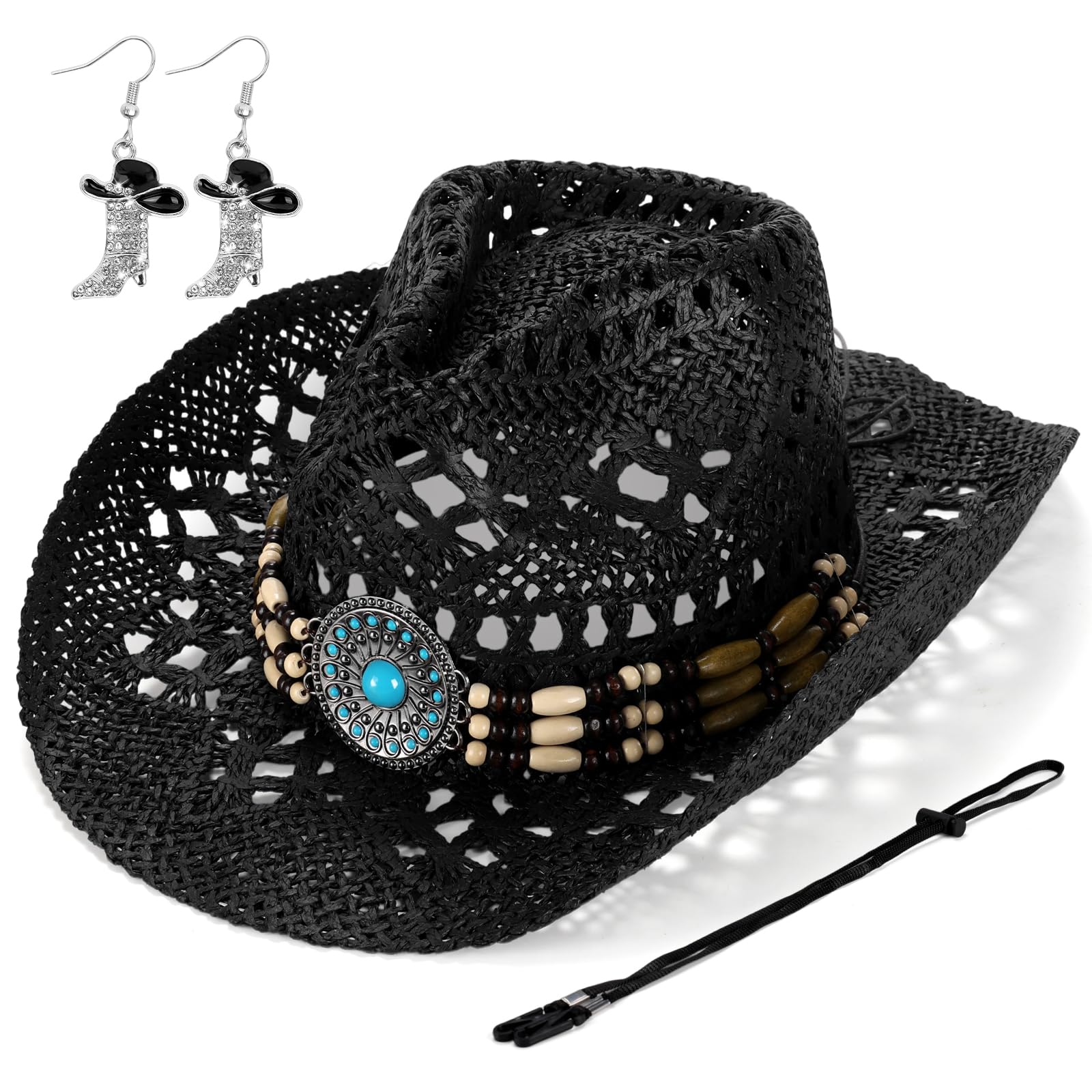 Geebuzz Women's Black Straw Cowboy Hat For Western Cowgirl Hats With Boot Earrings, Brim Summer Beach Hat (Black)