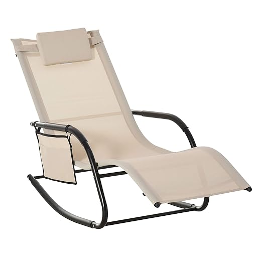 Outsunny Outdoor Rocking Chair, Chaise Lounge Pool Chair for Sun Tanning, Sunbathing, a Rocker with Side Pocket, Armrests & Pillow for Patio, Lawn, Beach, Black