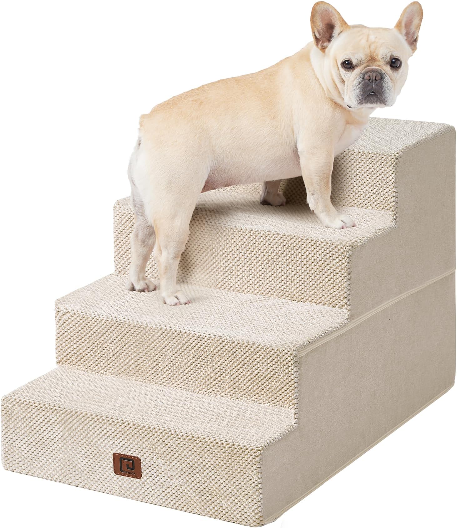 EHEYCIGA Dog Stairs for Bed 18”H, 4-Step Extra Wide Dog Steps for High Bed, Pet Steps for Small Dogs and Cats, Non-Slip Balanced Dog Indoor Ramp, Beige