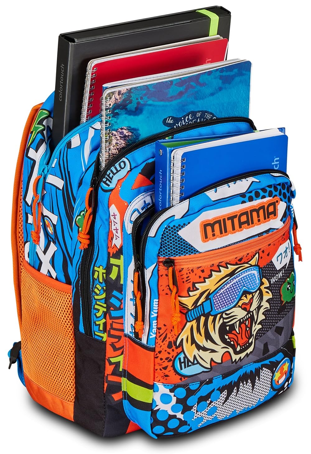 Mitama Zaino Triplo Scomparto Tiger Wild con Tasca frontale, Blu e Nero, Scuola Elementare e Tempo Libero, Bambino Ragazzo