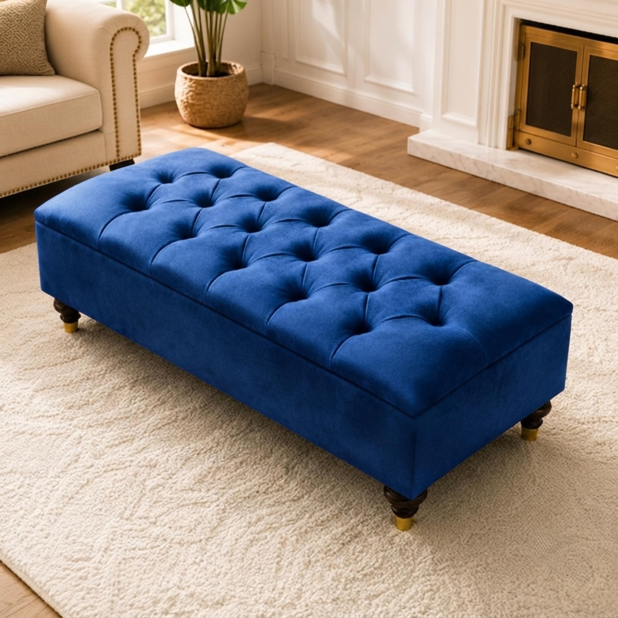 Naples Chesterfield Coffee Table Footstool Storage 102cm Blue Plush