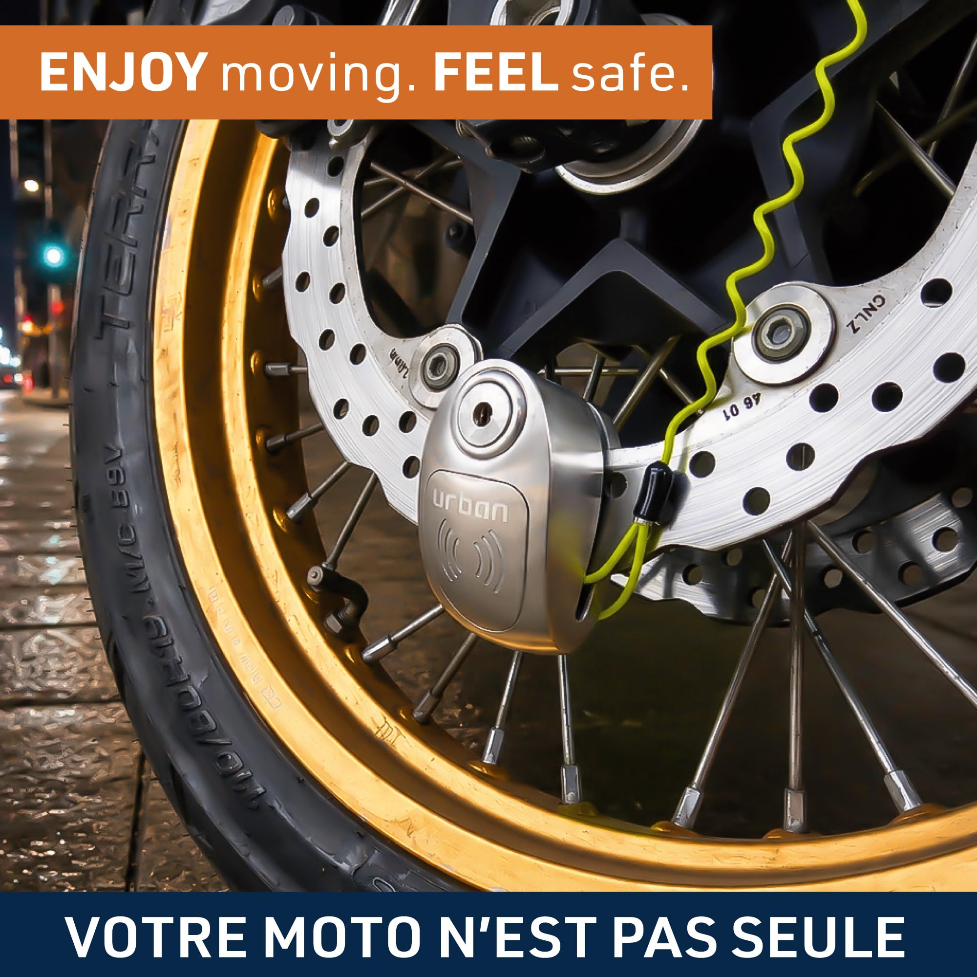 URBAN UR910S Antivol Moto Homologué SRA, Bloque Disque avec Alarme Hi-Tech | 120 dB, X2 ON | Pile CR2, Câble Rappel, Serrure Haute Sécurité, Bloc Double Verrouillage ø10mm, Acier Inoxydable