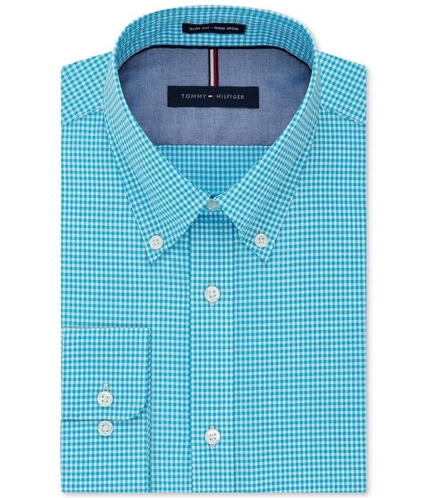 Tommy Hilfiger Men's Dress Shirt Slim Fit Non Iron Gingham, Aqua, 15.5" Neck 32"-33" Sleeve by Tommy Hilfiger - Used condition - US$24.69