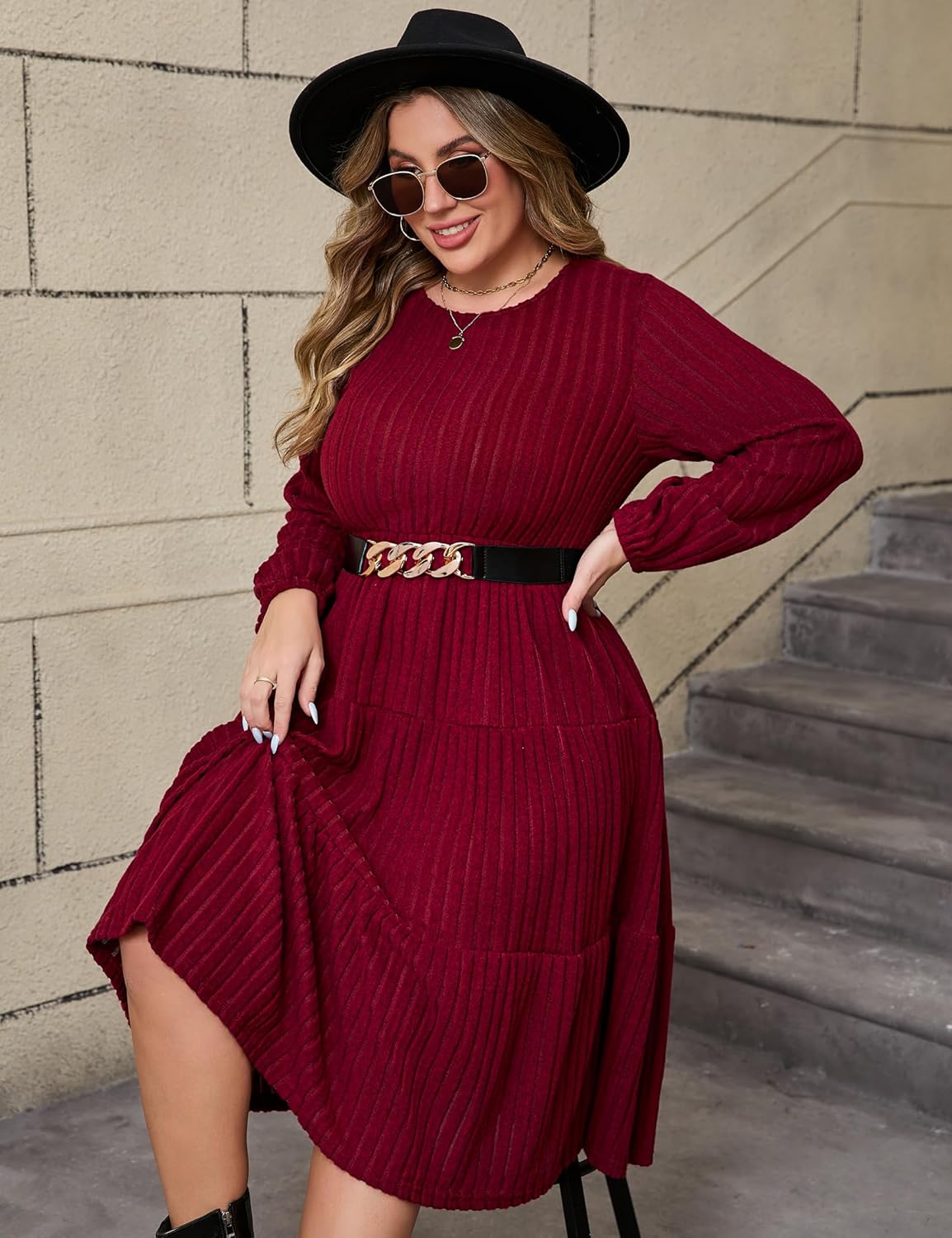 ShopWonder Women Plus Size Knit Sweater Dress Round Neck Long Sleeves Comfy Pullover Winter Midi Dress with Belt - Image 5