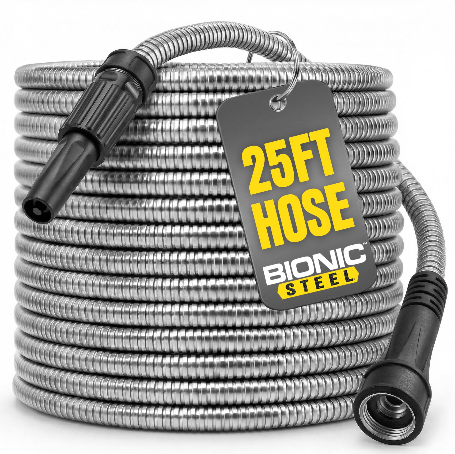 25 Foot Garden Hose 304 Stainless Steel Metal Super Tough & Flexible Water Hose, Lightweight, Crush Resistant Aluminum Fittings, Kink & Tangle Free, Rust Proof, Easy to Use & Store