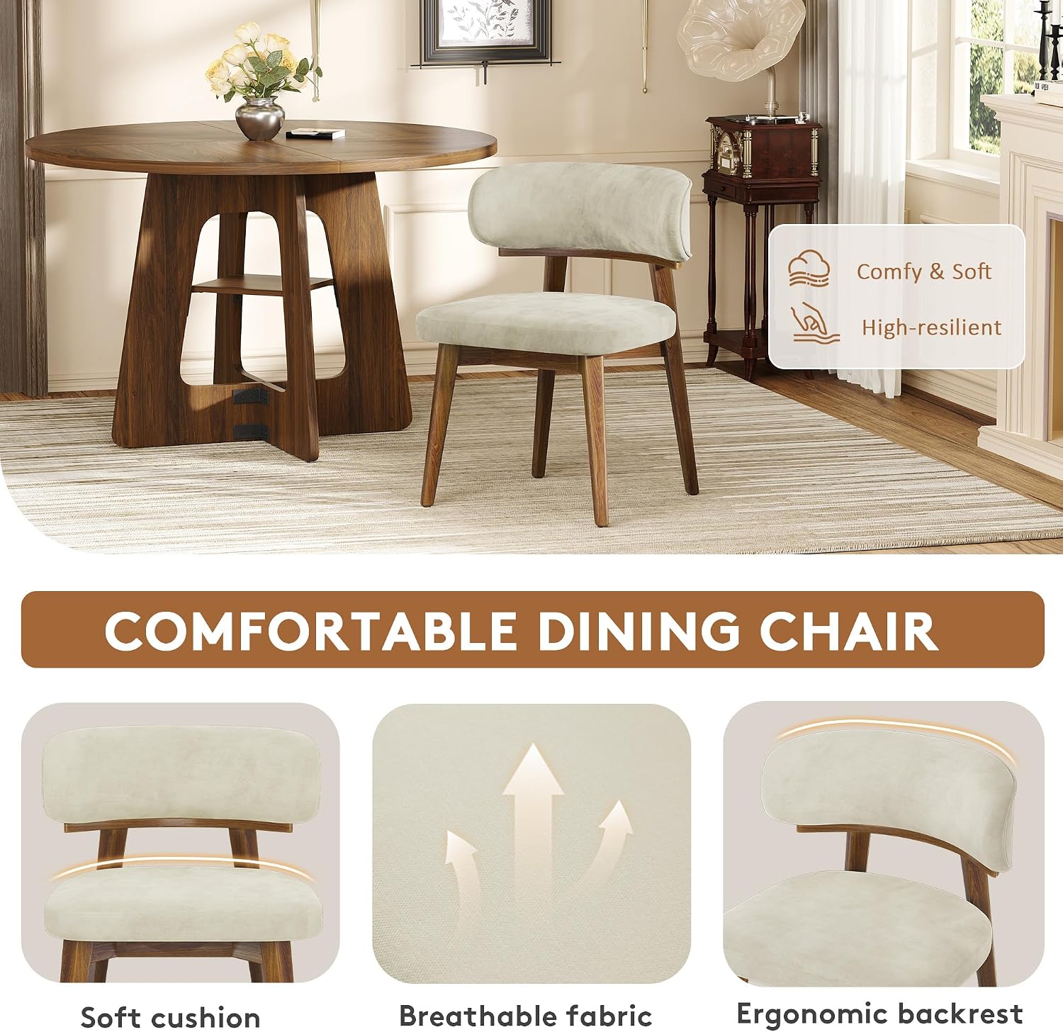 Comfortable Dining Chair detail showing soft cushion, breathable fabric, and ergonomic backrest features.