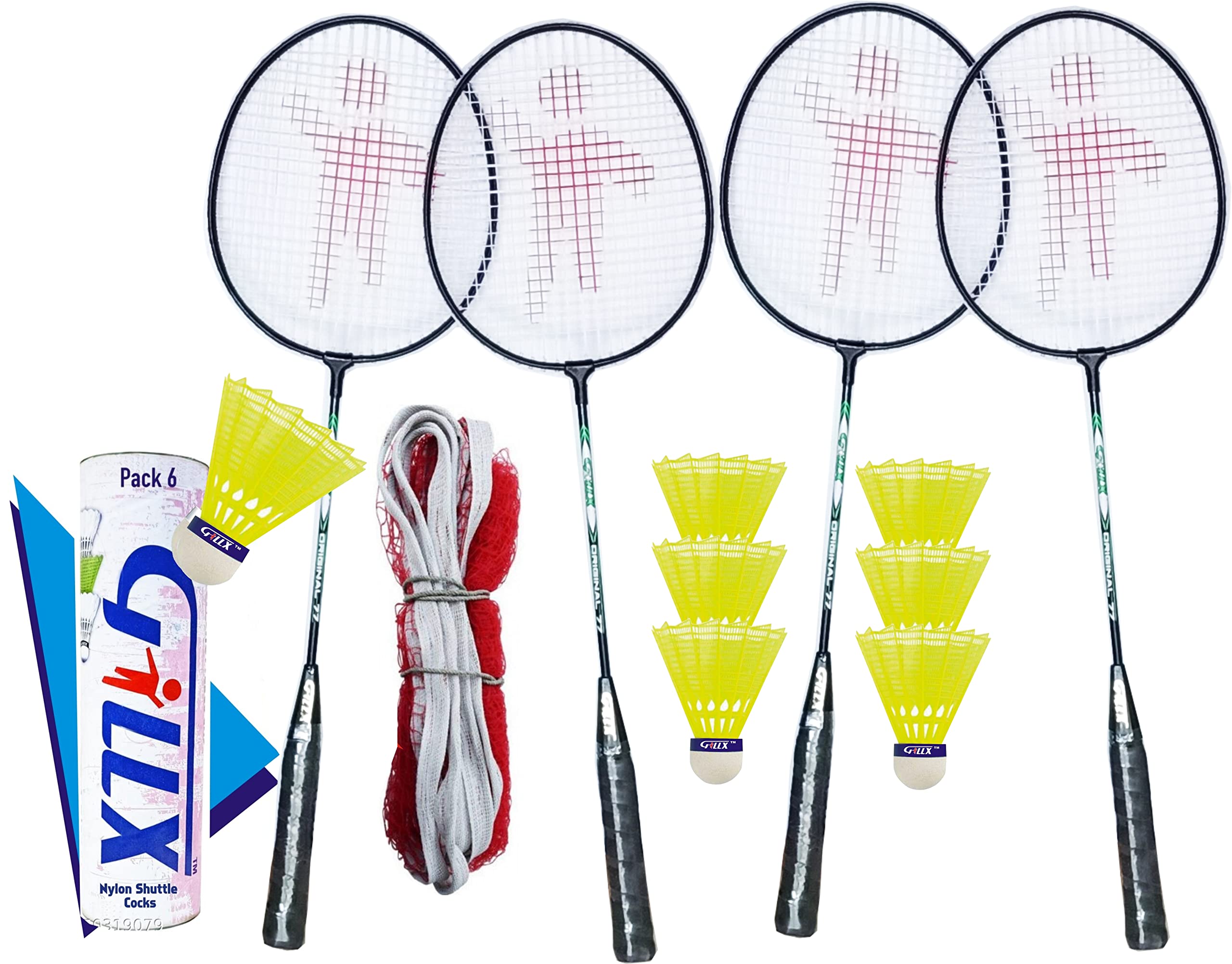 GILLX Badminton Rackets 4 Piece Black 6 Piece Nylon Shuttle Cocks with Badminton NET (B0B3216KHF) Amazon Price History, Amazon Price Tracker