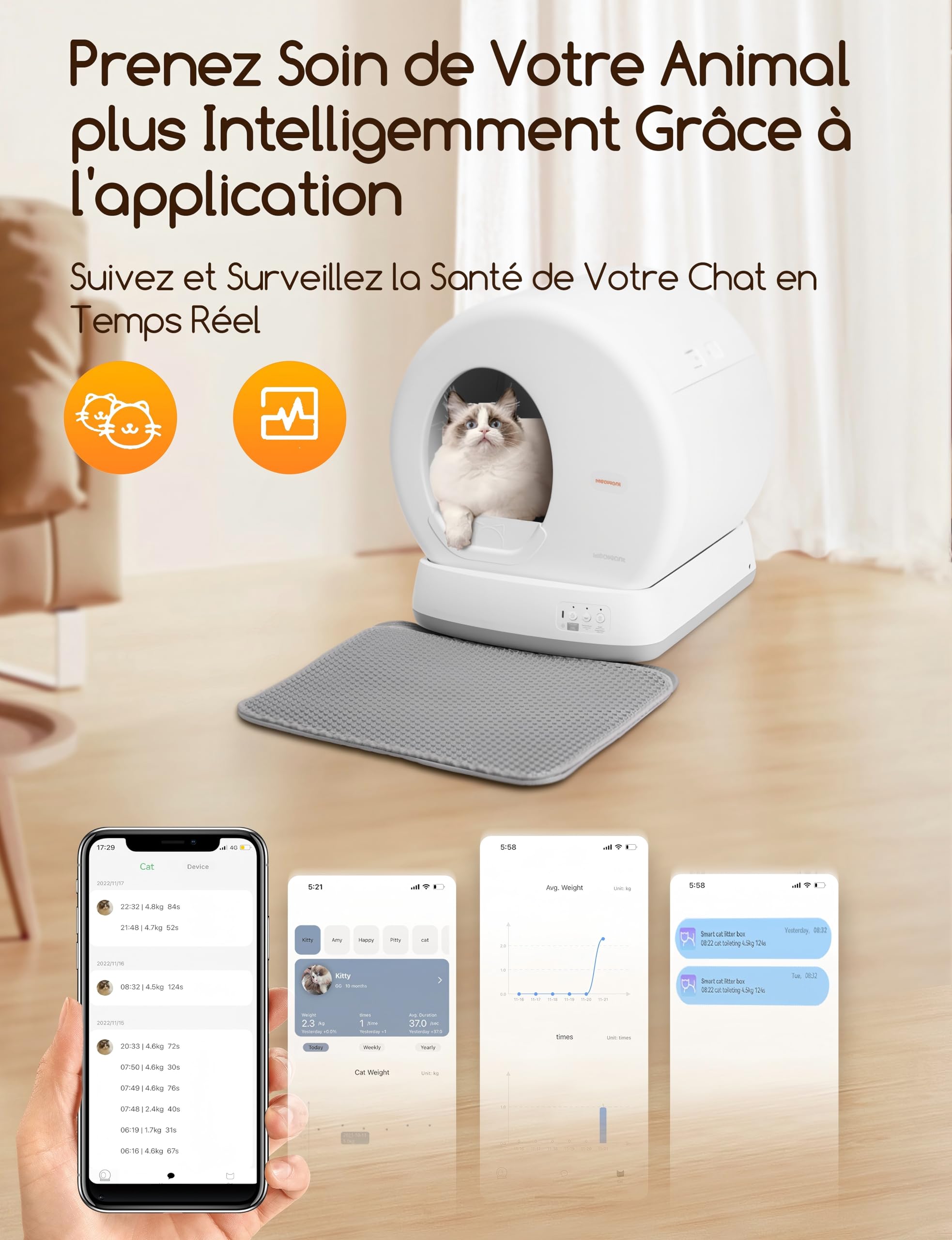 MeoWant Litiere Chat Autonettoyante, Litiere Automatique Chat Entièrement Fermé pour Plusieurs Chats, Ultra Sûr/Contrôlé par APP/Désodorisant, avec Tapis & Sac Poubelle & Déodorant