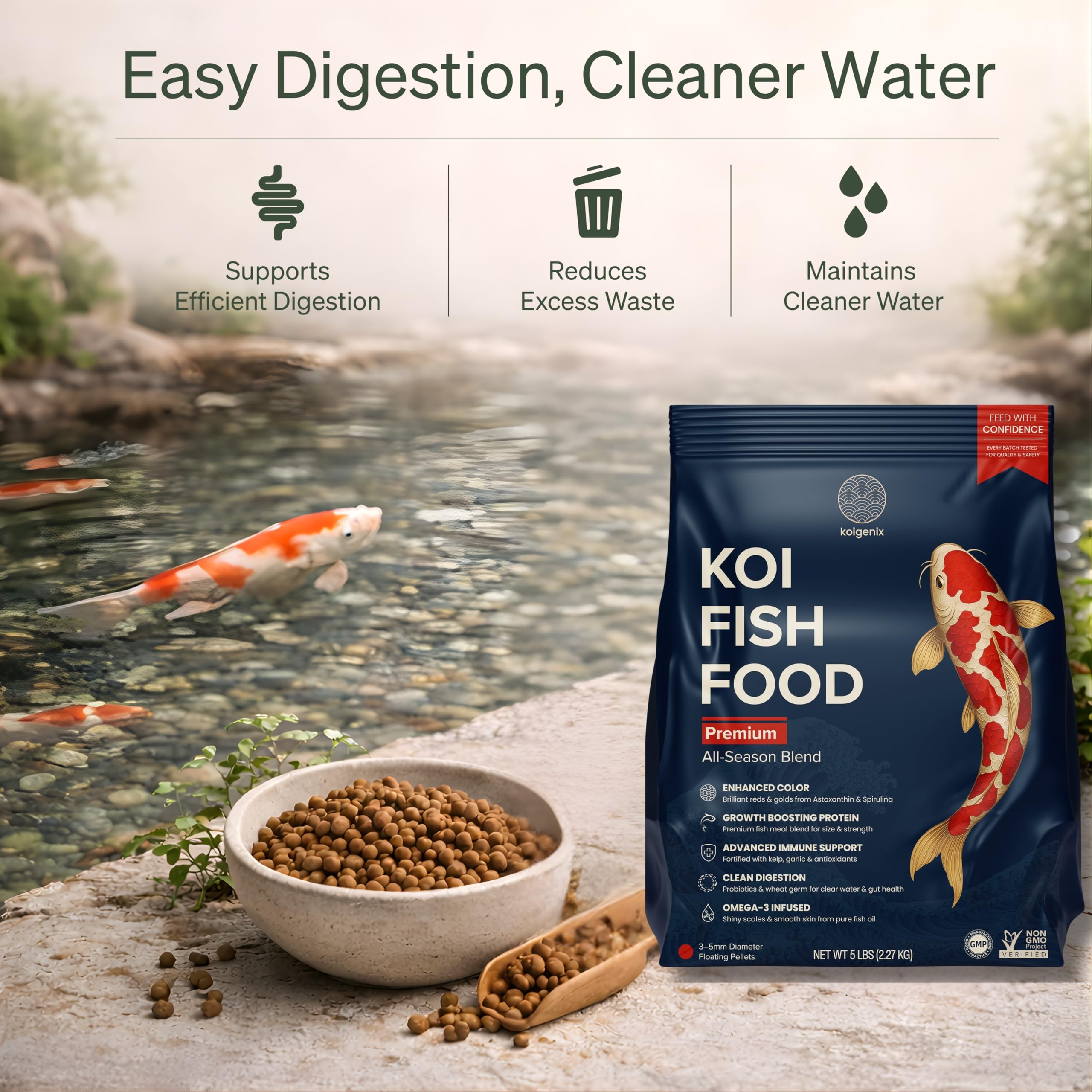 KOIGENIX Koi Fish Food (5lb) – Growth & Color Formula, High Protein Floating Pellets with Spirulina, Krill & Probiotics, Easy to Digest, Cleaner Water, All Season – for Koi, Goldfish & Pond Fish — view 5