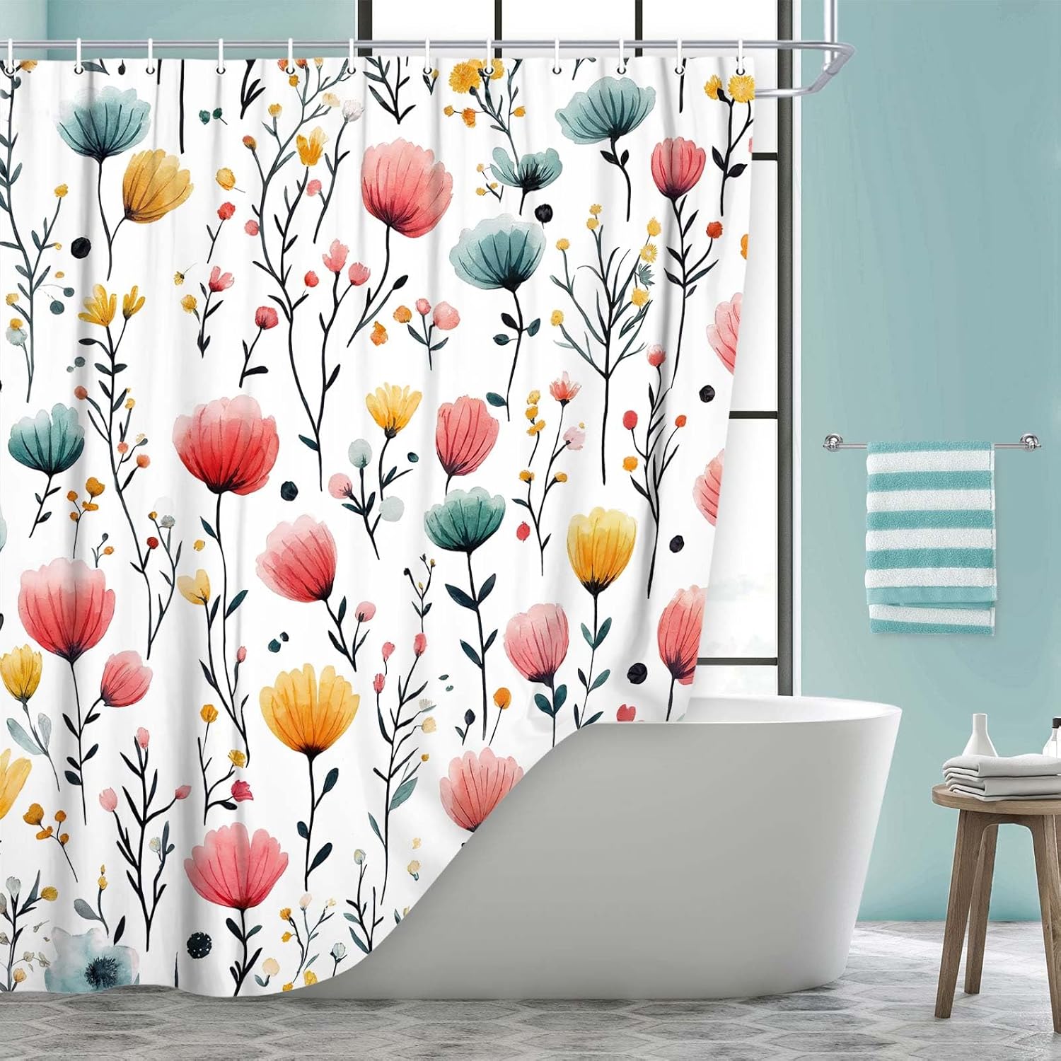 Watercolor Floral Shower Curtain White Red Blue Colorful Wildflower Aesthetics Bath Curtain,Waterproof Washable Fabric with 12 Hooks,Rural & Minimalist Style Bathroom Decoration 72X84IN