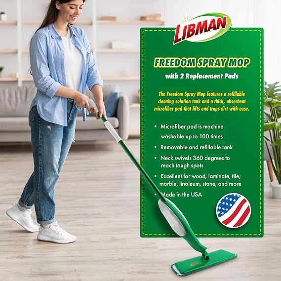 Libman Freedom Spray Mop Kit, Microfiber, 24 Oz Tank, 2 Extra Refills | Microfiber wet mop kit for hardwood, laminate, tile floor cleaning; includes 2 extra refill heads.