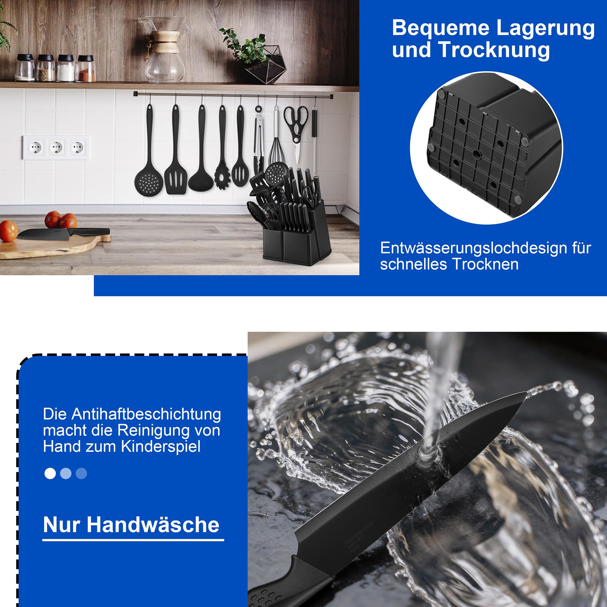 Onader Messerblock mit Messer Set, 22-teiliges Edelstahl Messerset und Silikon Küchenutensilien mit Block, Scharfe Küchenmesser Set mit Wetzstahl, Profi Kochmesser mit Küchenhelfer für Kochen, Schwarz