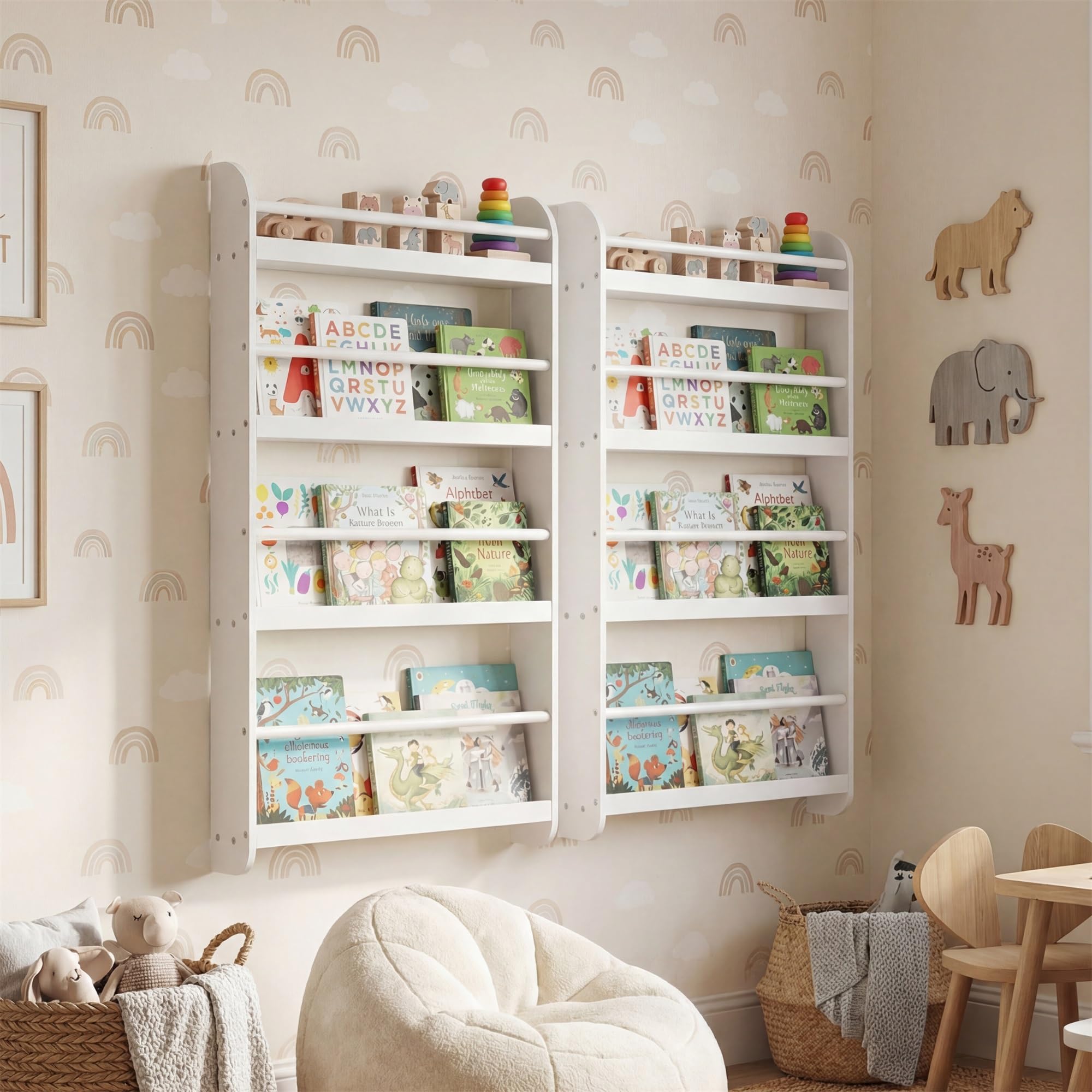 RELAX4LIFE Libreria da Parete per Bambini, Libreria Montessoriana per Bambini con Bordi Rialzati e Barre di Protezione, Scaffale Portaoggetti a 4 Livelli per Cameretta e Asilo Nido (Bianco)