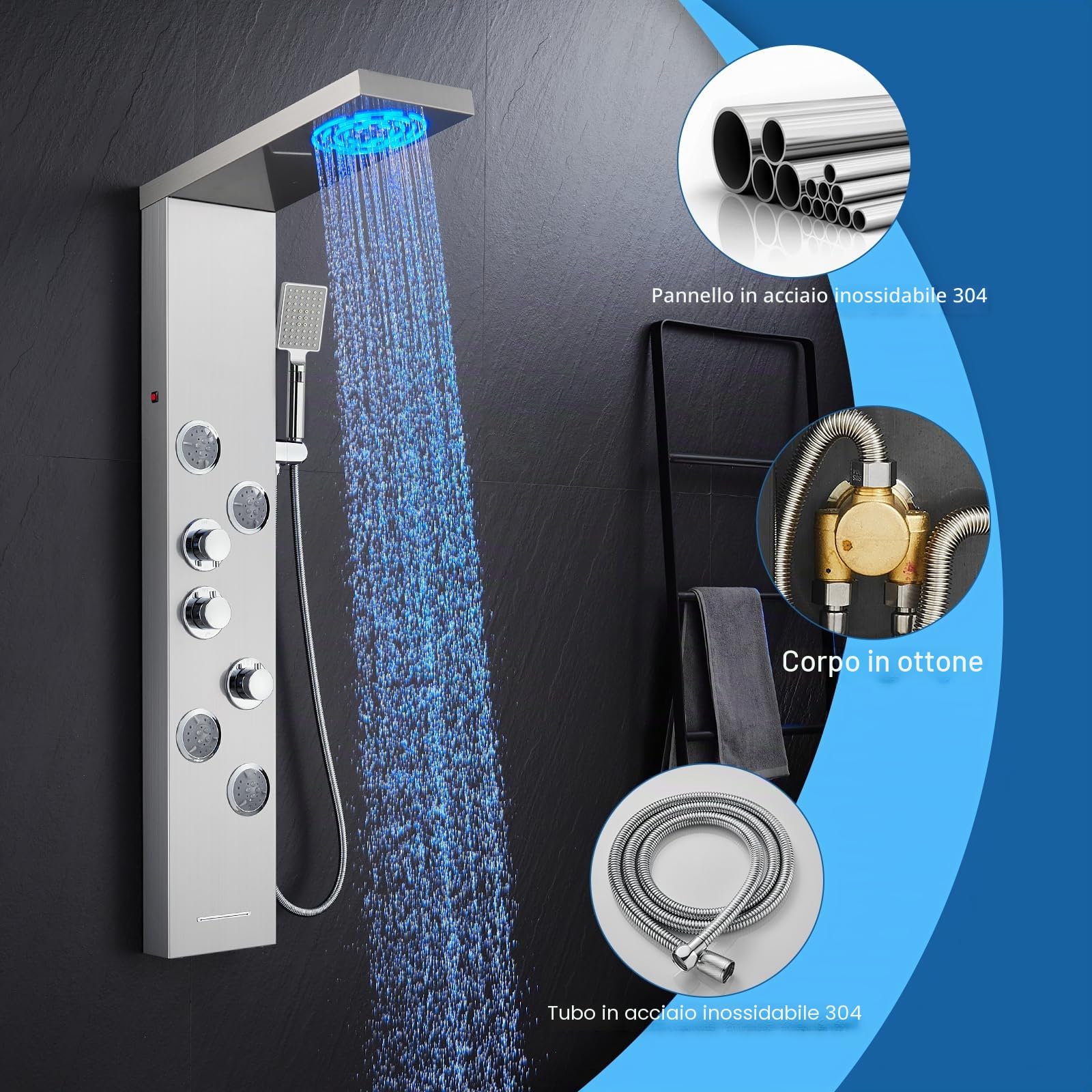 Sistema di pannello LED doccia termostatica miscelatore 6 funzioni, colonna pioggia e nebbia, 4 getti di massaggio, doccetta e beccuccio per vasca