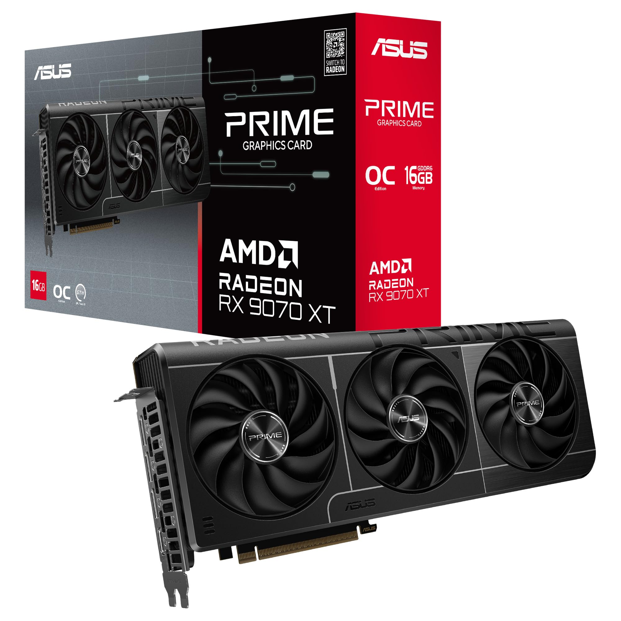ASUS Prime Radeon RX 9070 XT OC Edition 16GB GDDR6 - Tarjeta gráfica | PCIe 5.0, HDMI/DP 2.1, diseño de 2,5 ranuras, ventiladores axial-tech, rodamientos de doble bola, Dual BIOS, ASUS GPU Guard