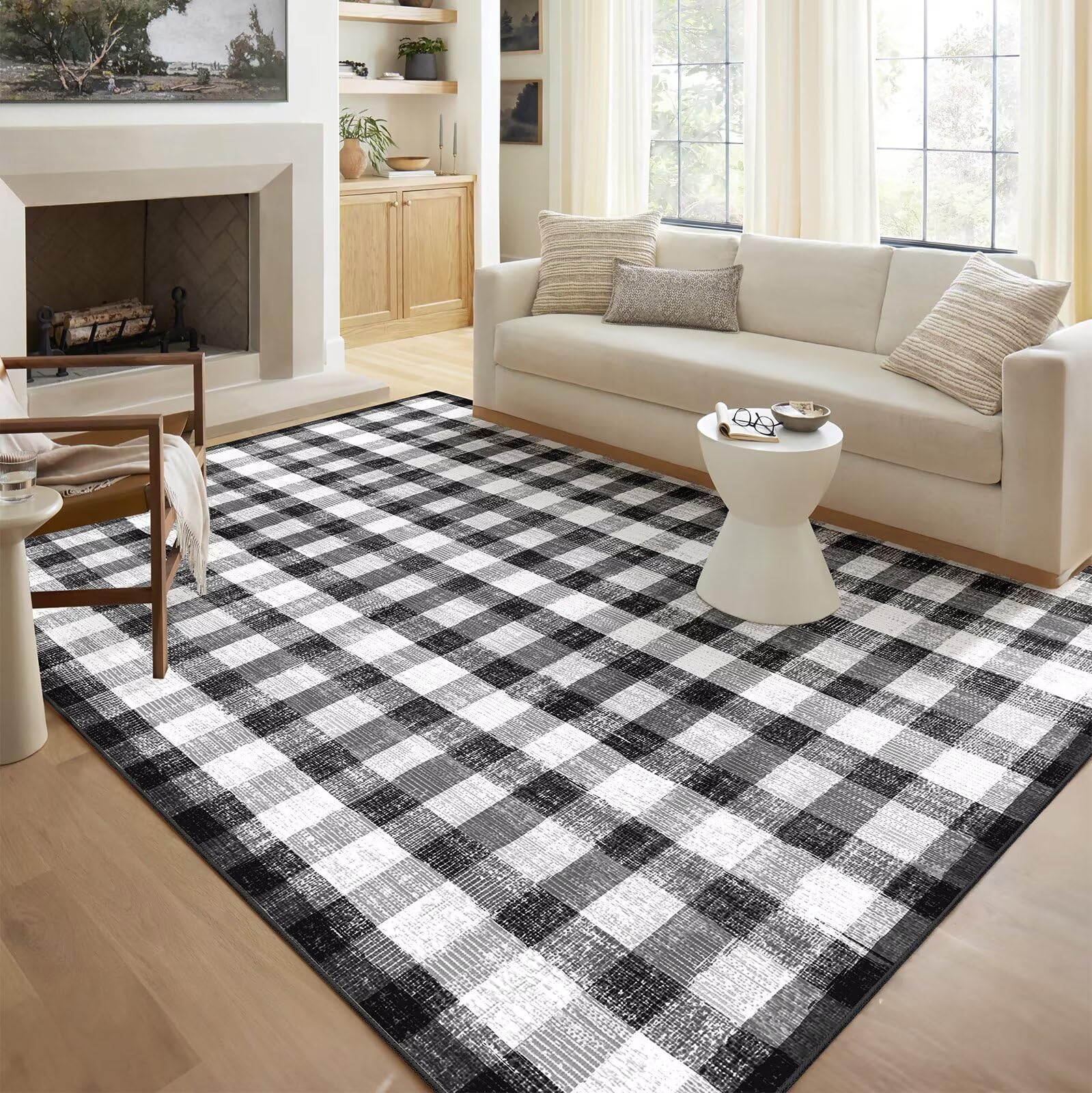 COLORPAPA Checkered Area Rug 8x10, Washable Rugs for Living Room, Modern Neutral Non Slip Indoor Carpet for Bedroom Office Patio Dining Room (Black
