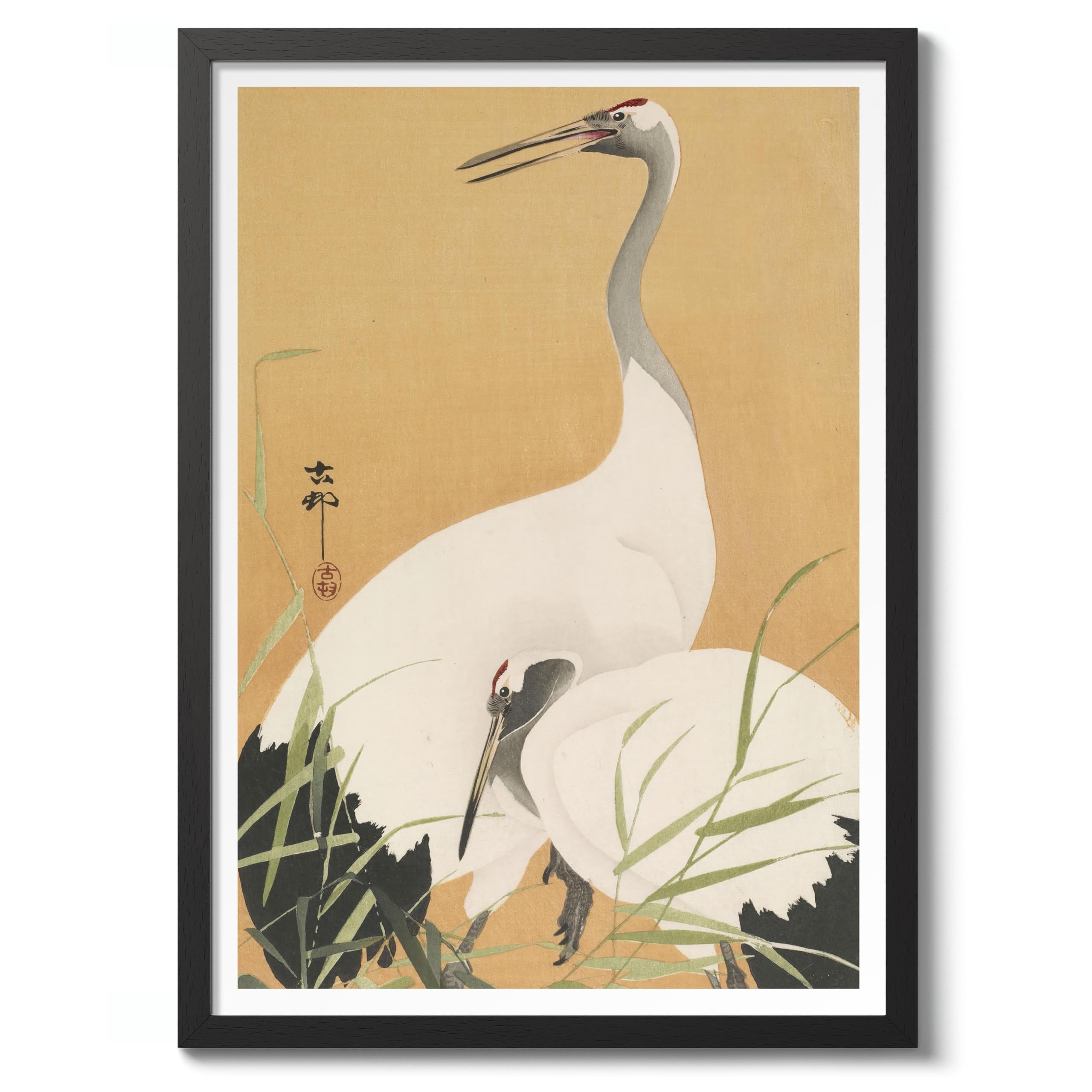 Cranes by Ohara Koson Poster, Japanese Woodblock Ukiyo-E Print, Vintage Bird Art Picture Animal Painting Wall Art Exhibition, Japan Birds Home Decor, A3 (Black Frame) - 45x32.8cm