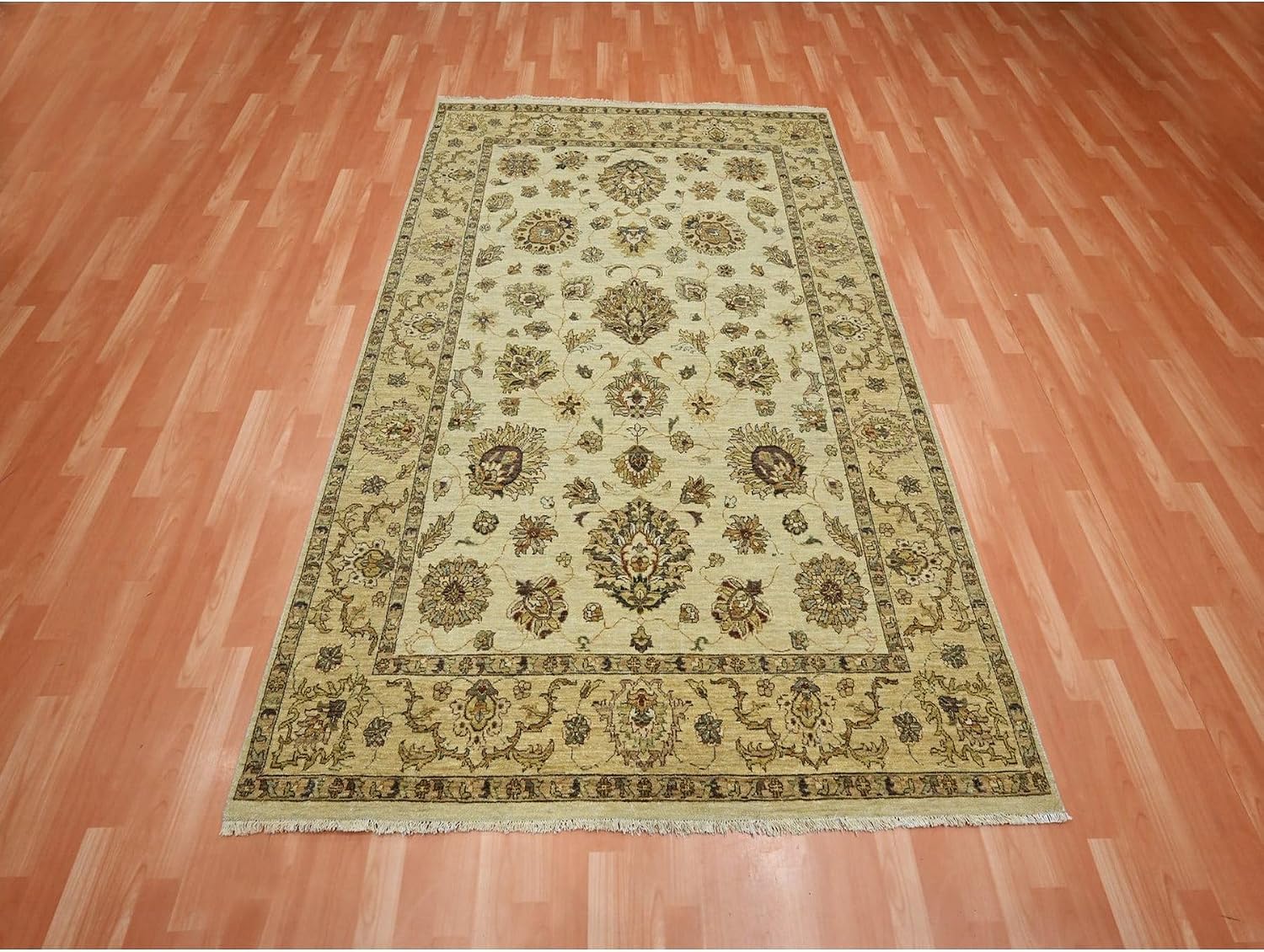 Hand Knotted Agra Ziegler Design Oriental Rug, Beige, Pure Wool, 5'6"x8', Colorful Leaf Pattern