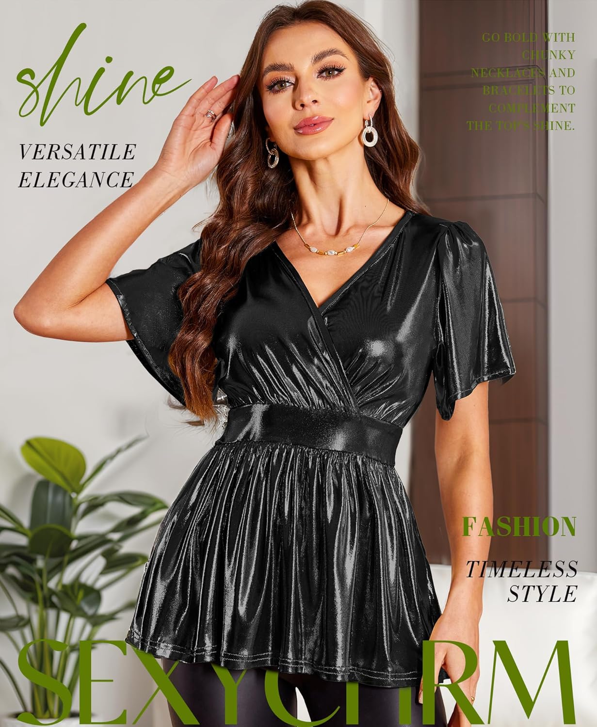 Glitter Peplum Tops for Womens - Sparkly V Neck Shirts Ruffle Sleeve Blouse Wrap Tunic Metallic Cocktail Party Tops - Image 2